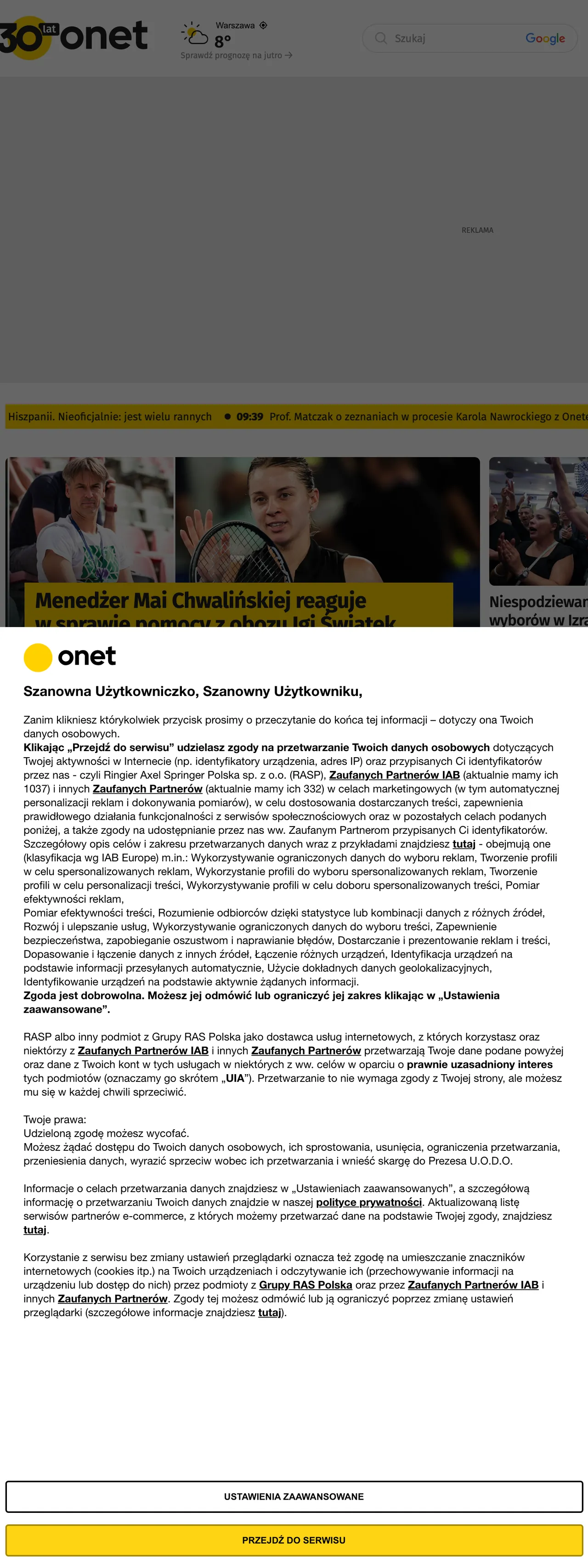 Screenshot of the Onet front page