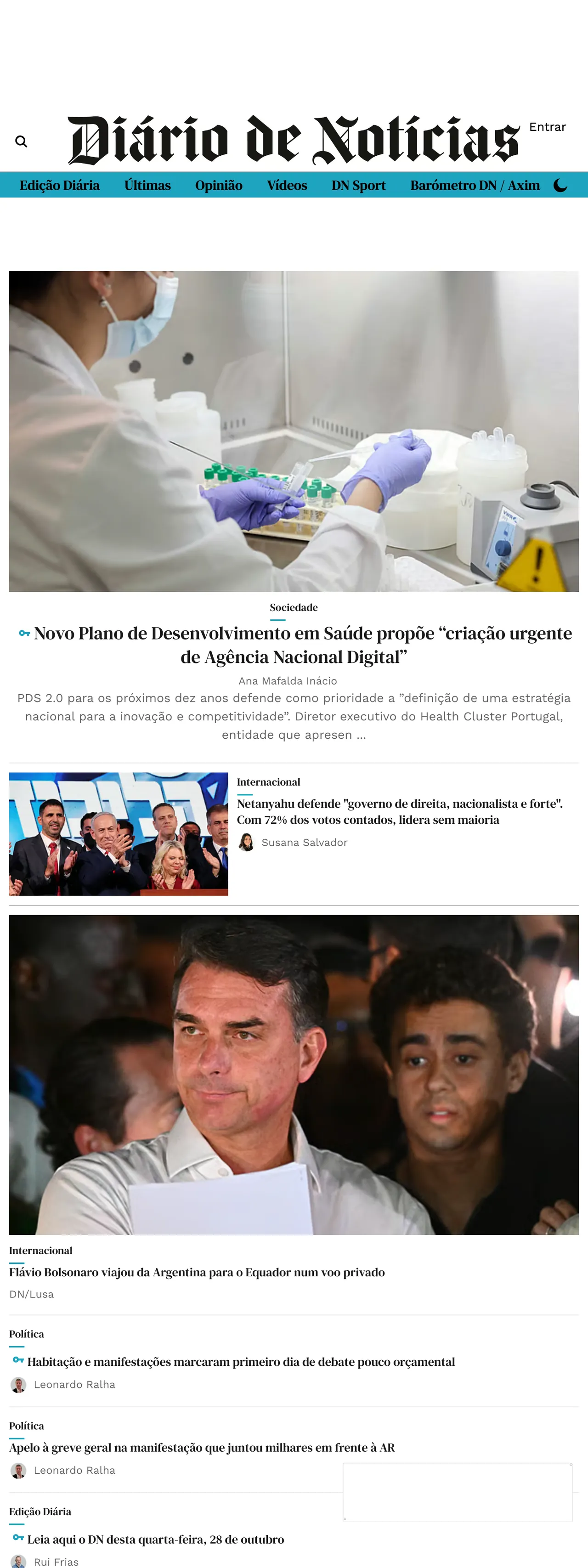 Screenshot of the Diário de Notícias front page