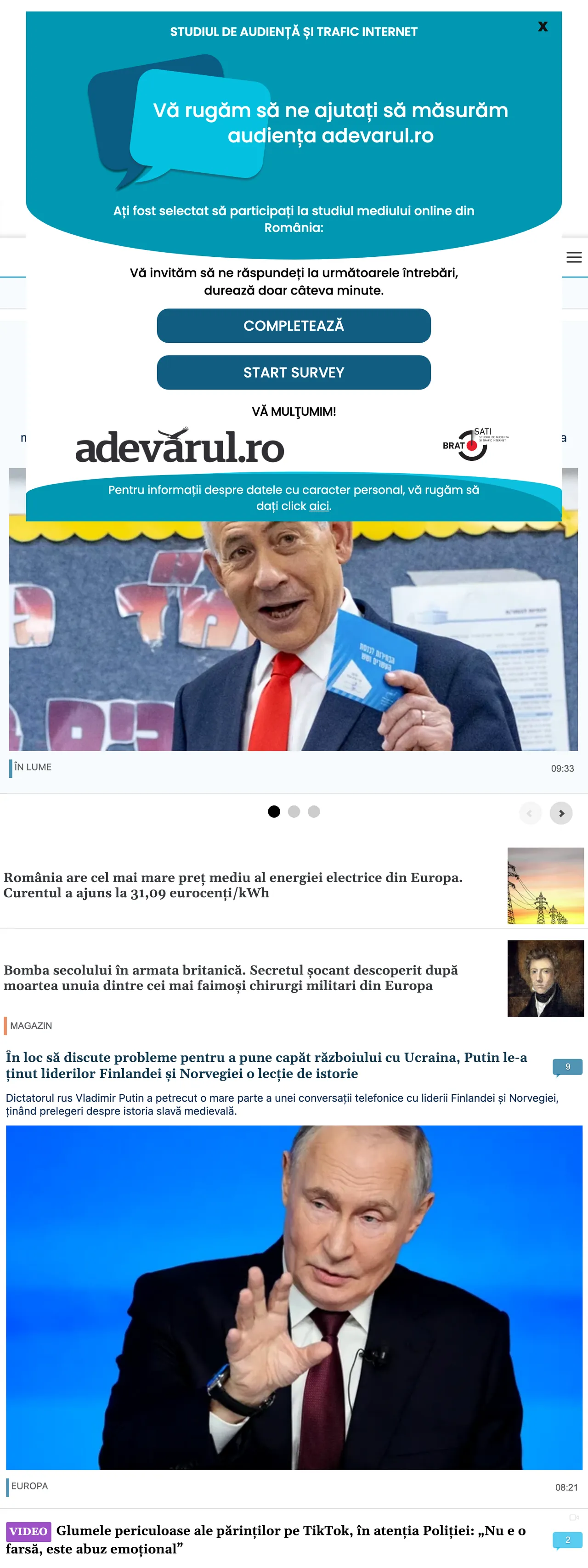 Screenshot of the Adevărul front page