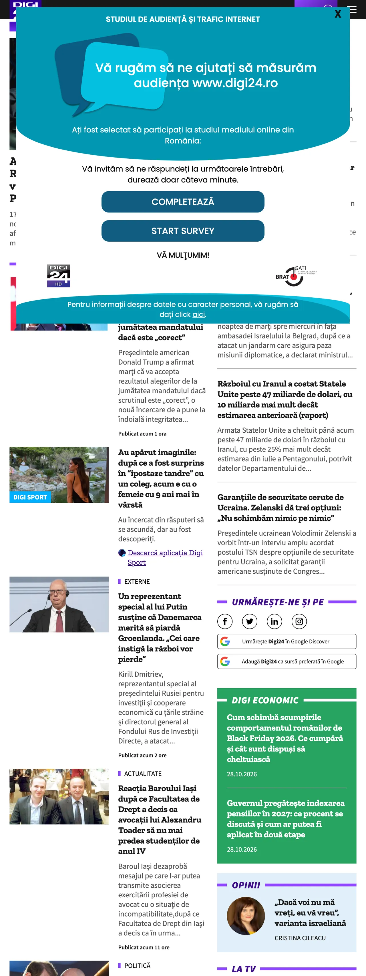 Screenshot of the Digi24 front page