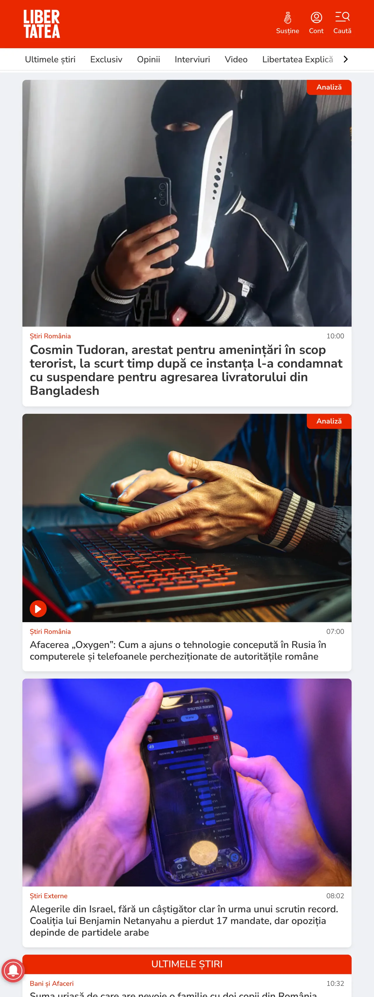 Screenshot of the Libertatea front page