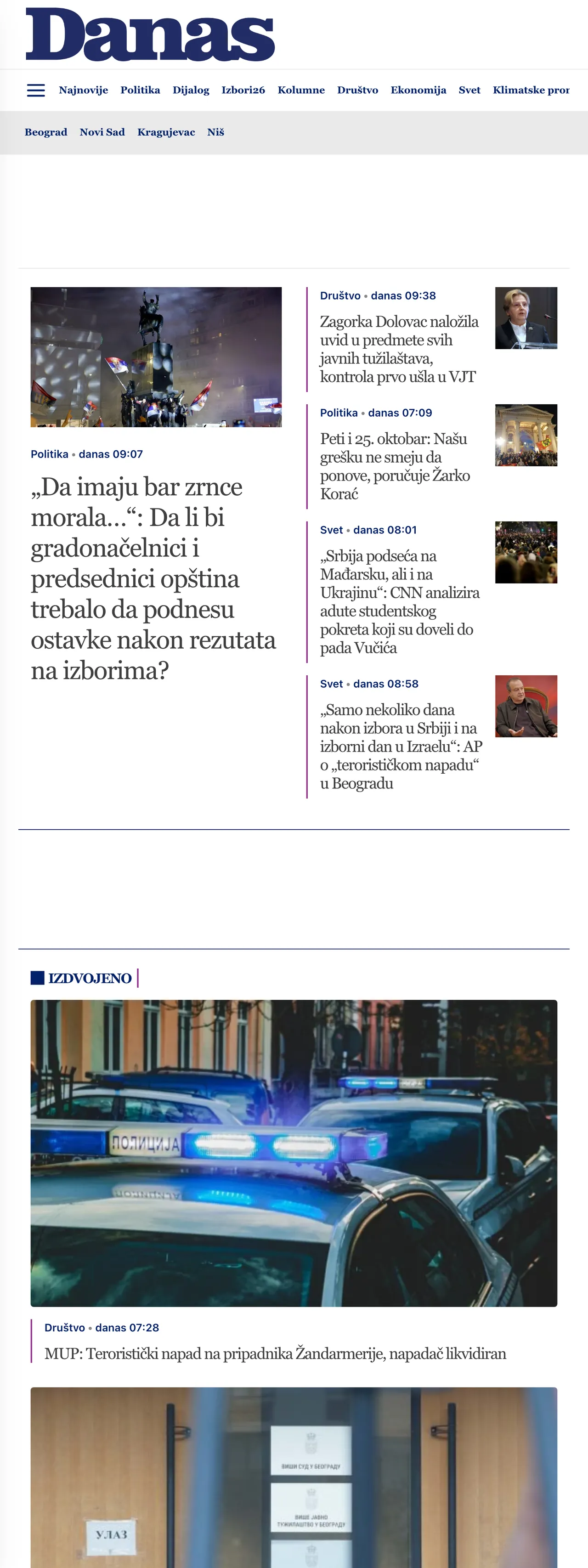 Screenshot of the Danas front page