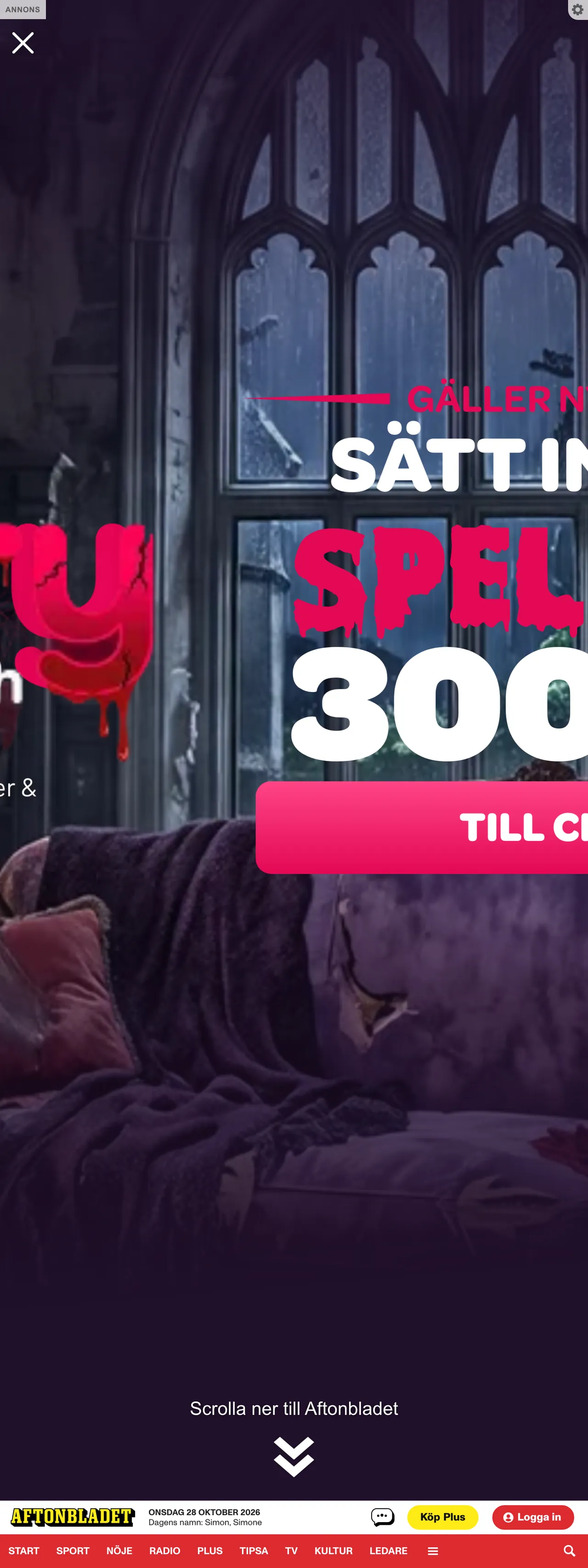 Screenshot of the Aftonbladet front page
