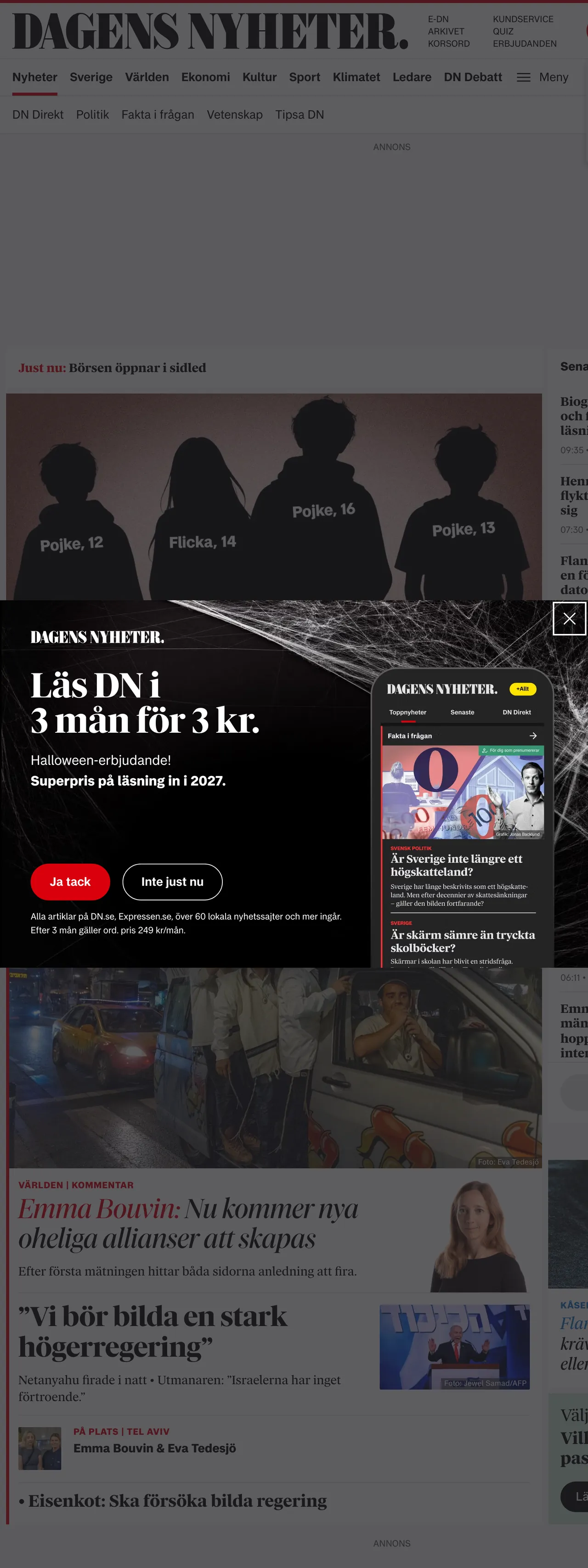 Screenshot of the Dagens Nyheter front page