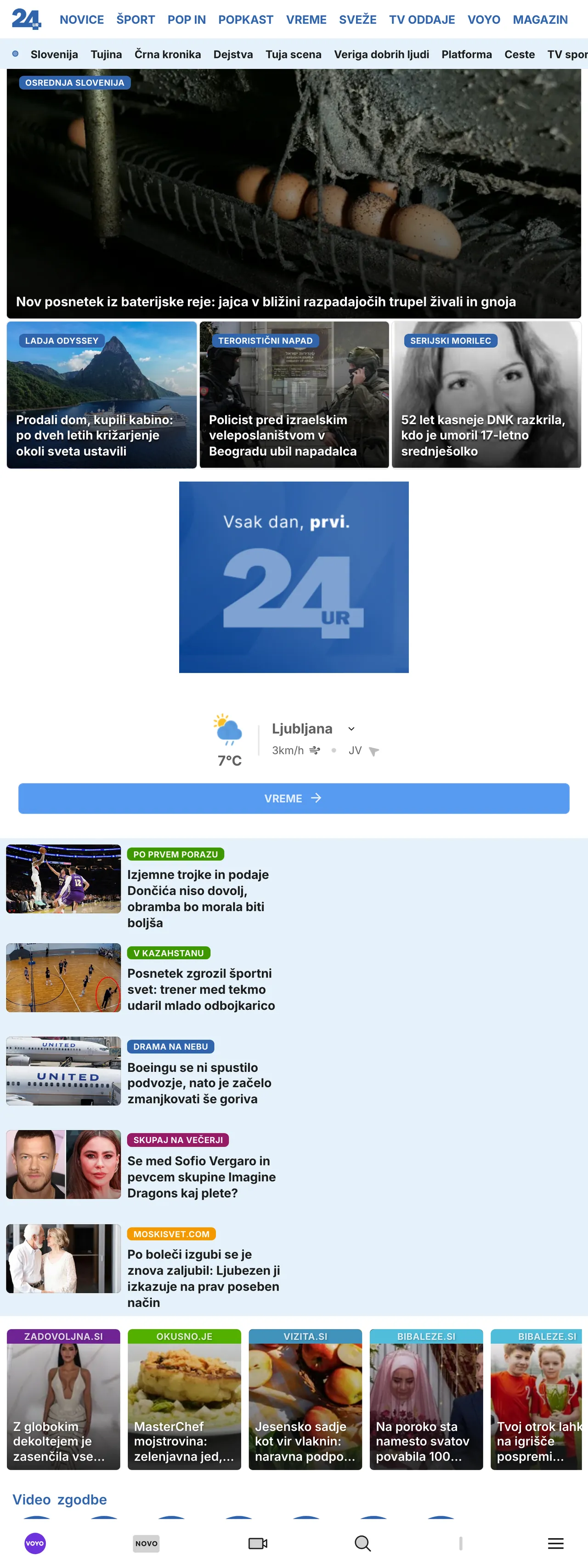 Screenshot of the 24ur front page