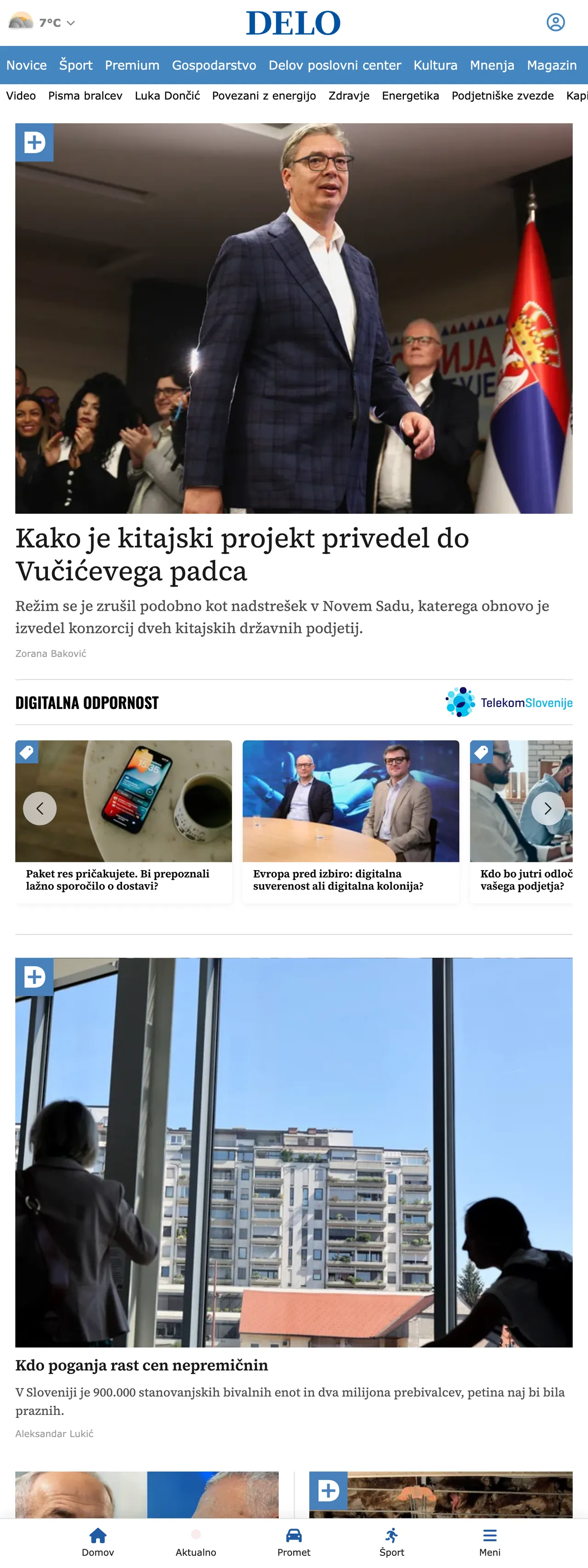 Screenshot of the Delo front page