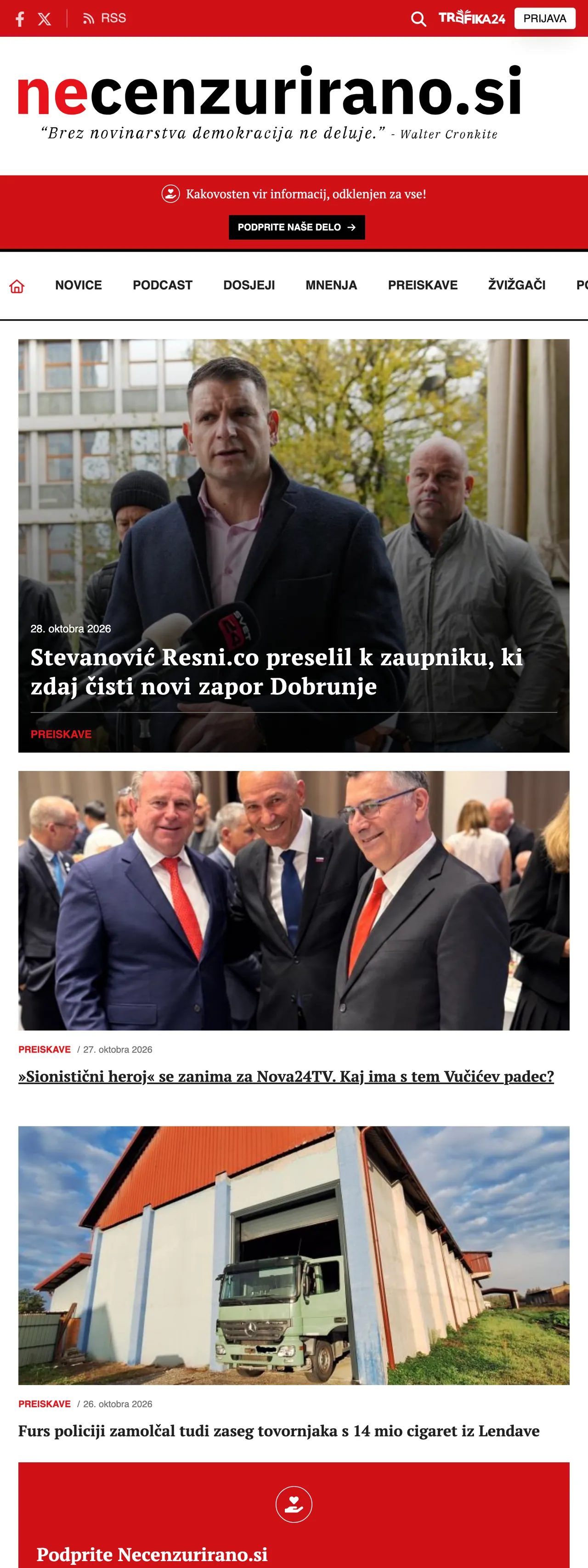 Screenshot of the Necenzurirano front page