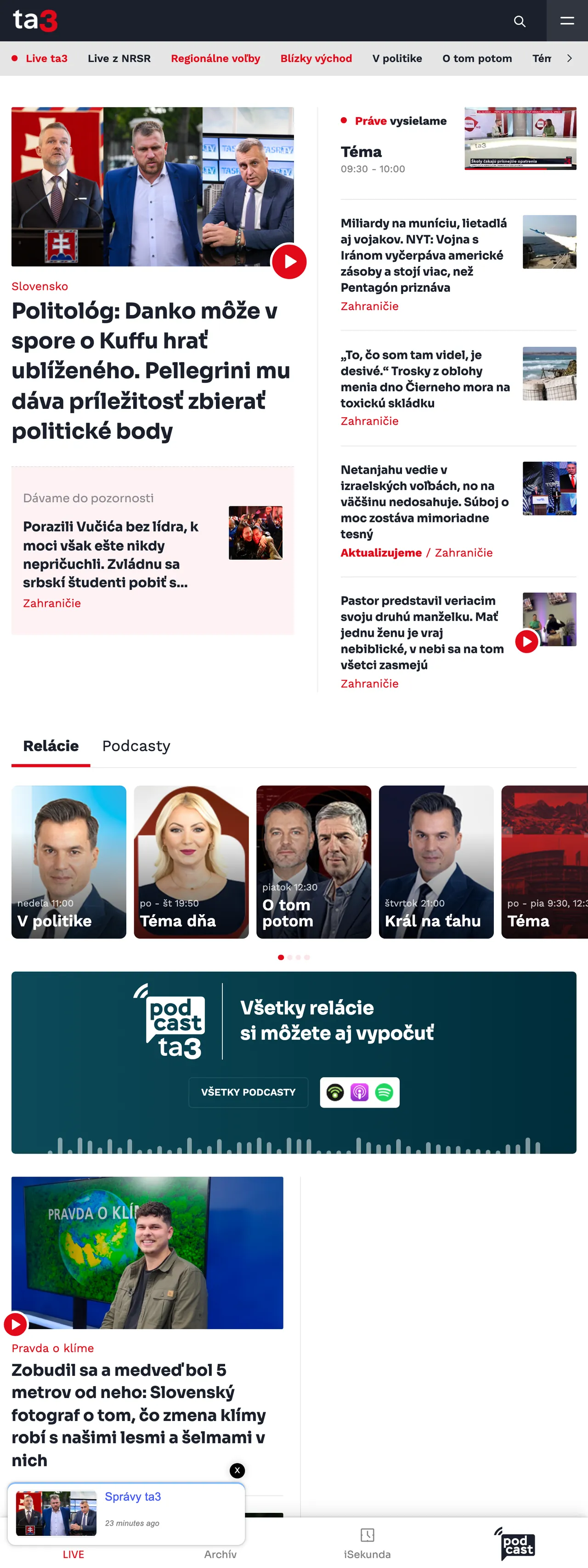 Screenshot of the TA3 front page