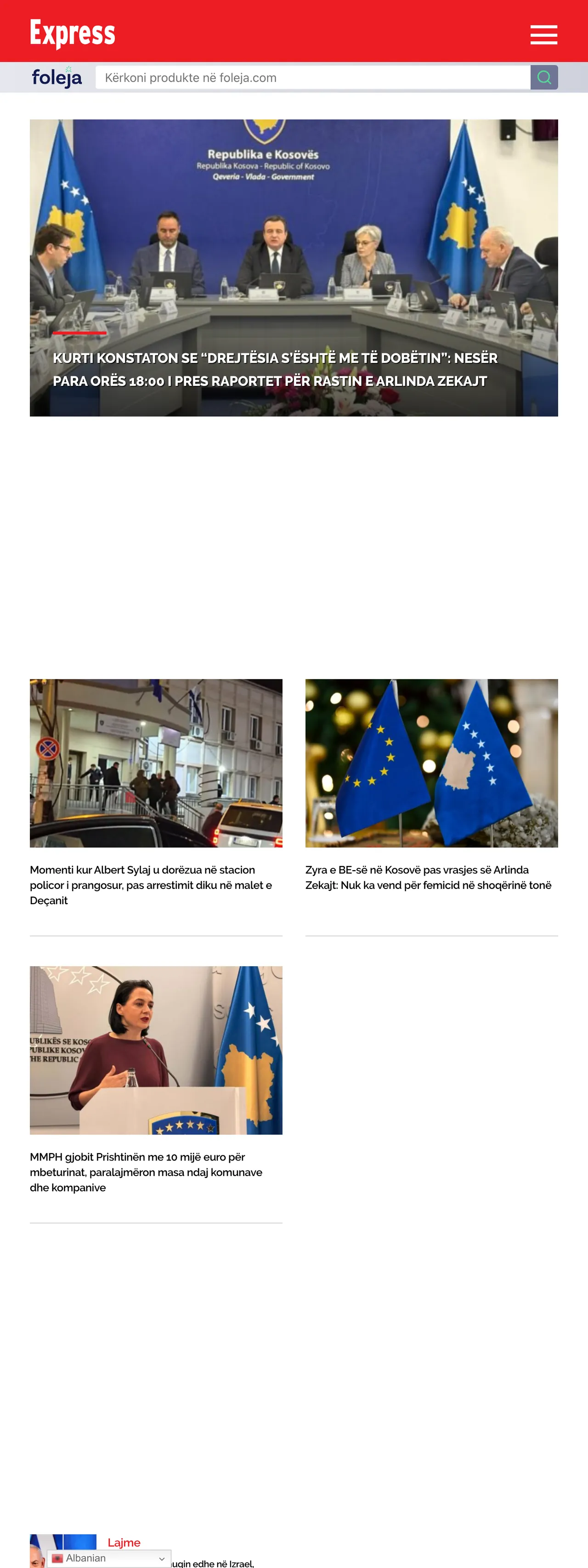 Screenshot of the Gazeta Express front page