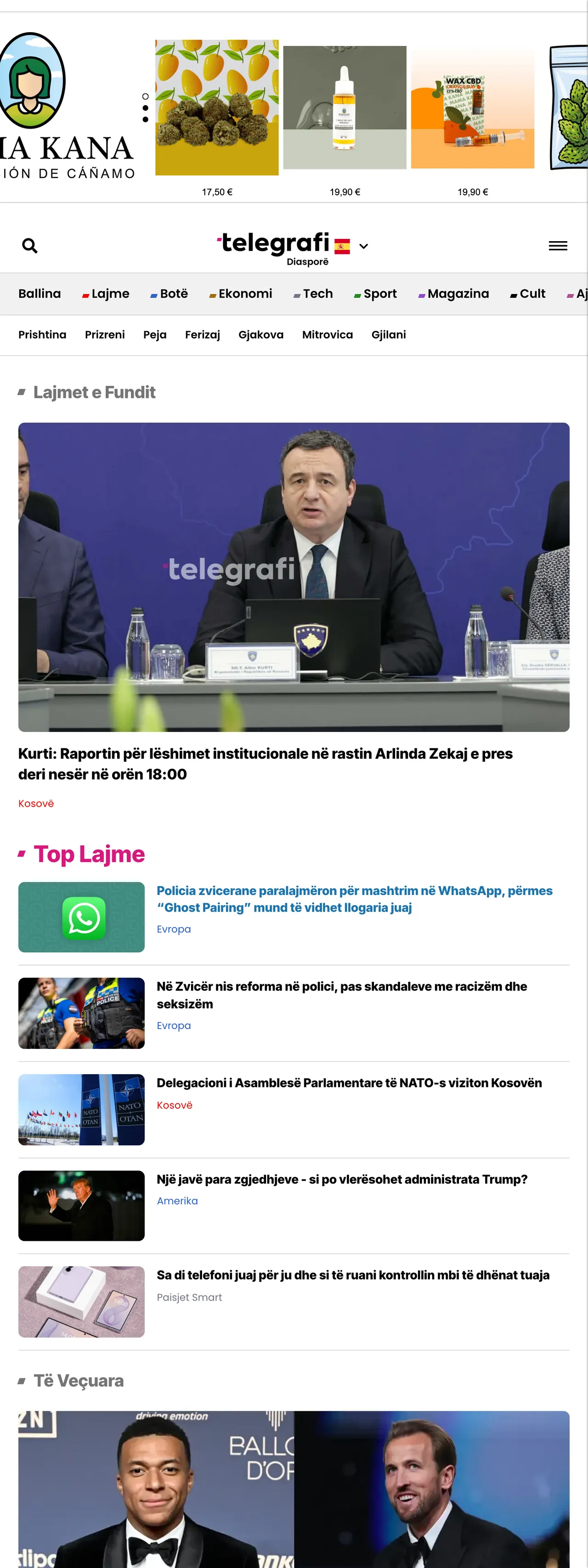 Screenshot of the Telegrafi front page