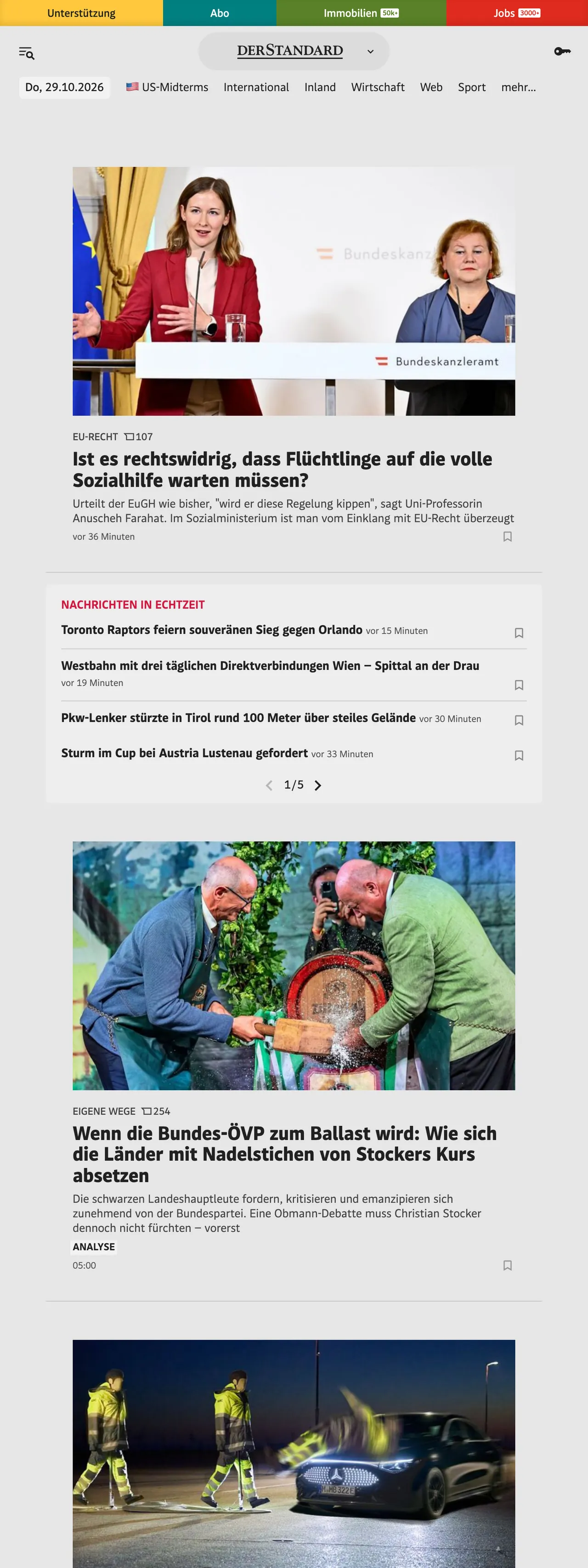 Screenshot of the DER STANDARD front page