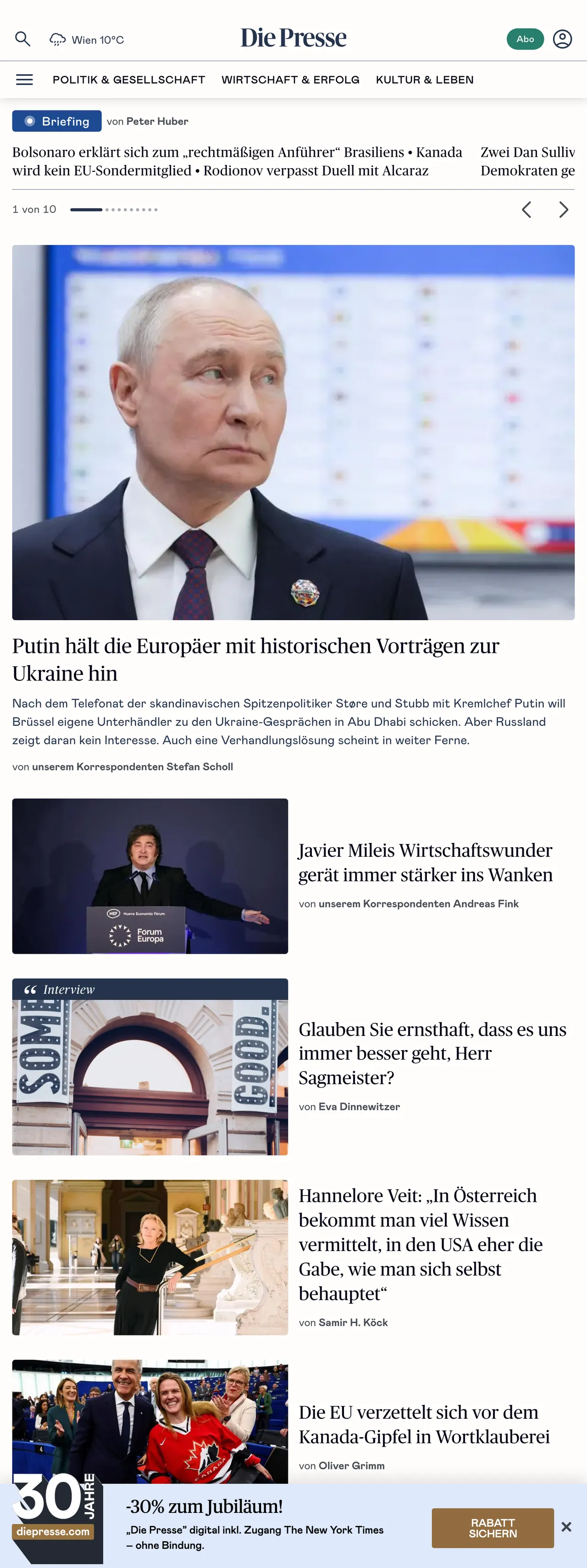 Screenshot of the Die Presse front page