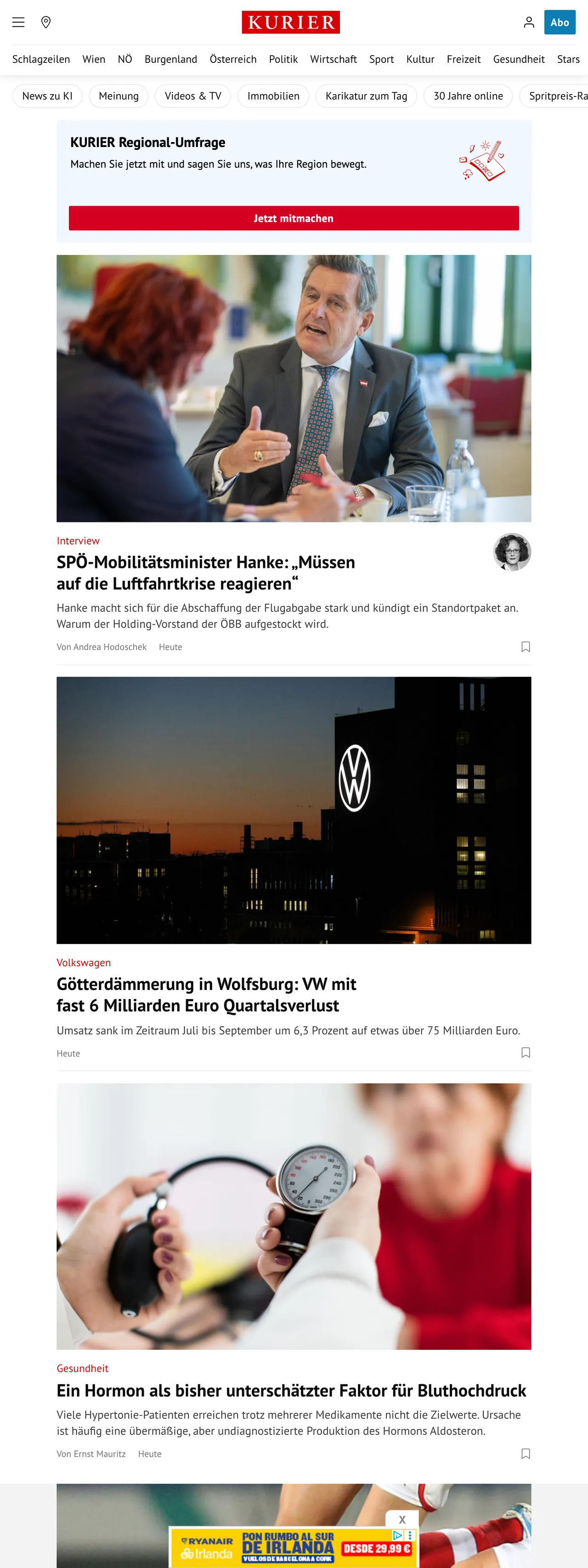 Screenshot of the Kurier front page