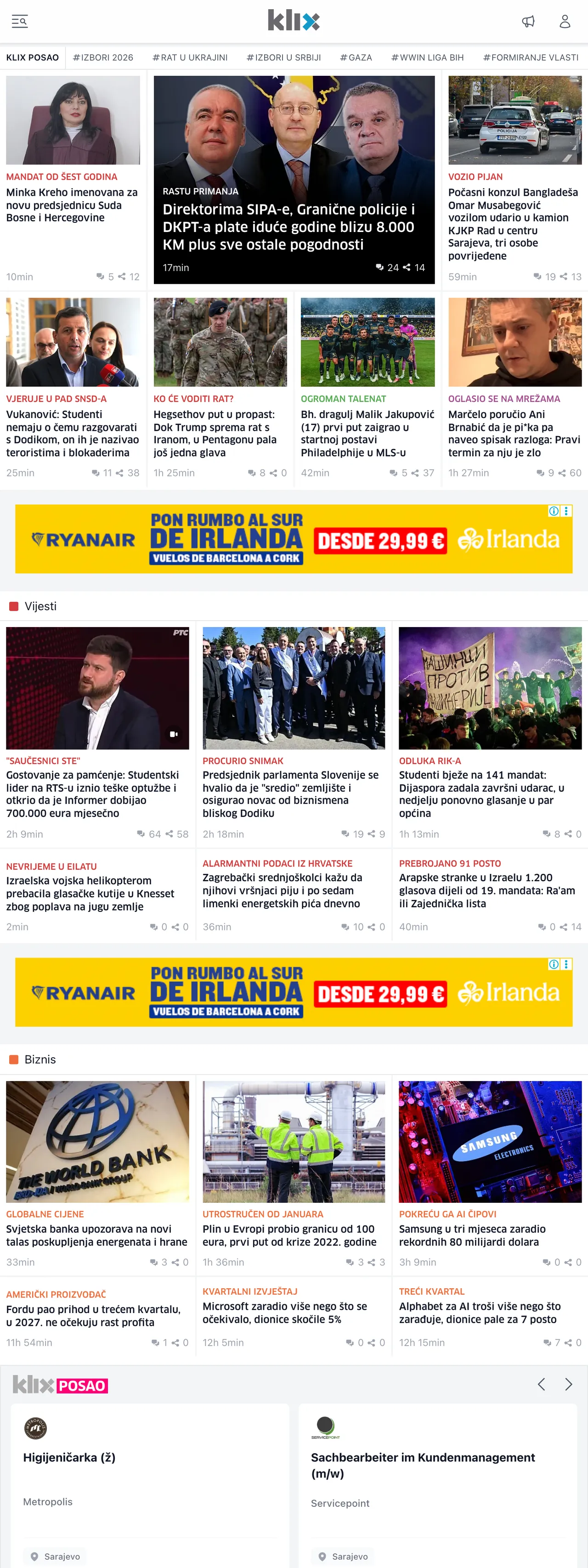 Screenshot of the Klix.ba front page