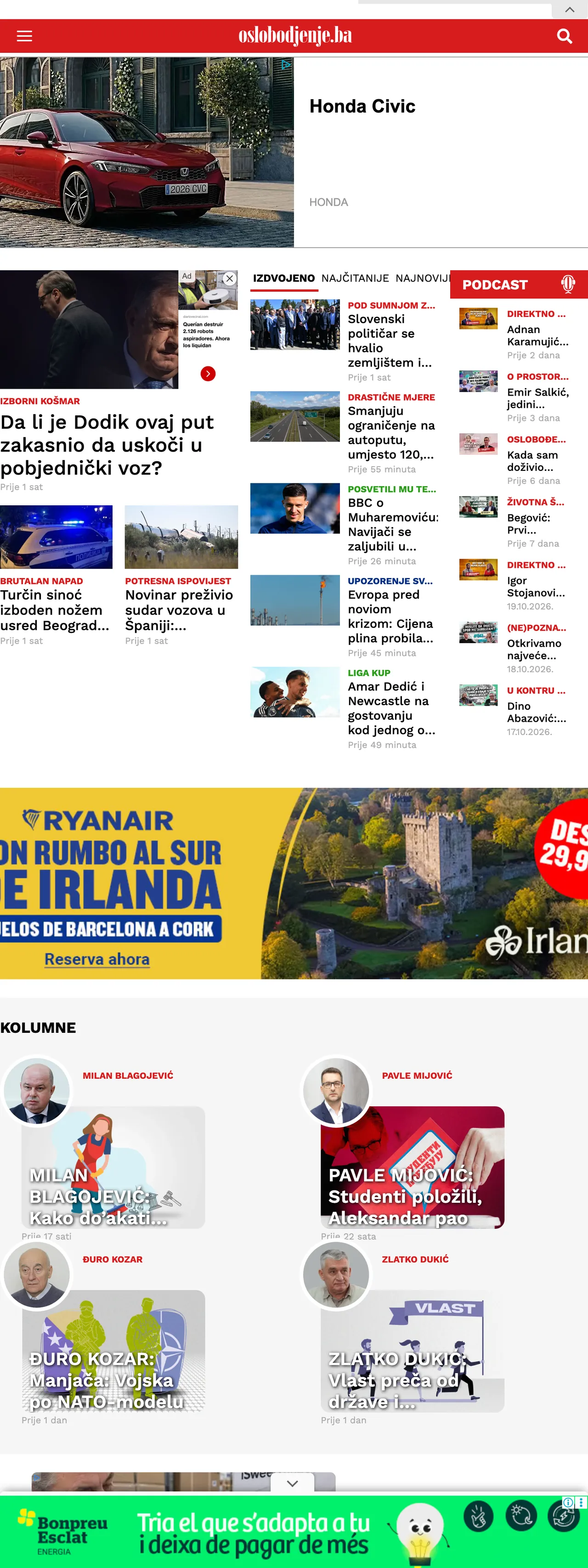 Screenshot of the Oslobođenje front page