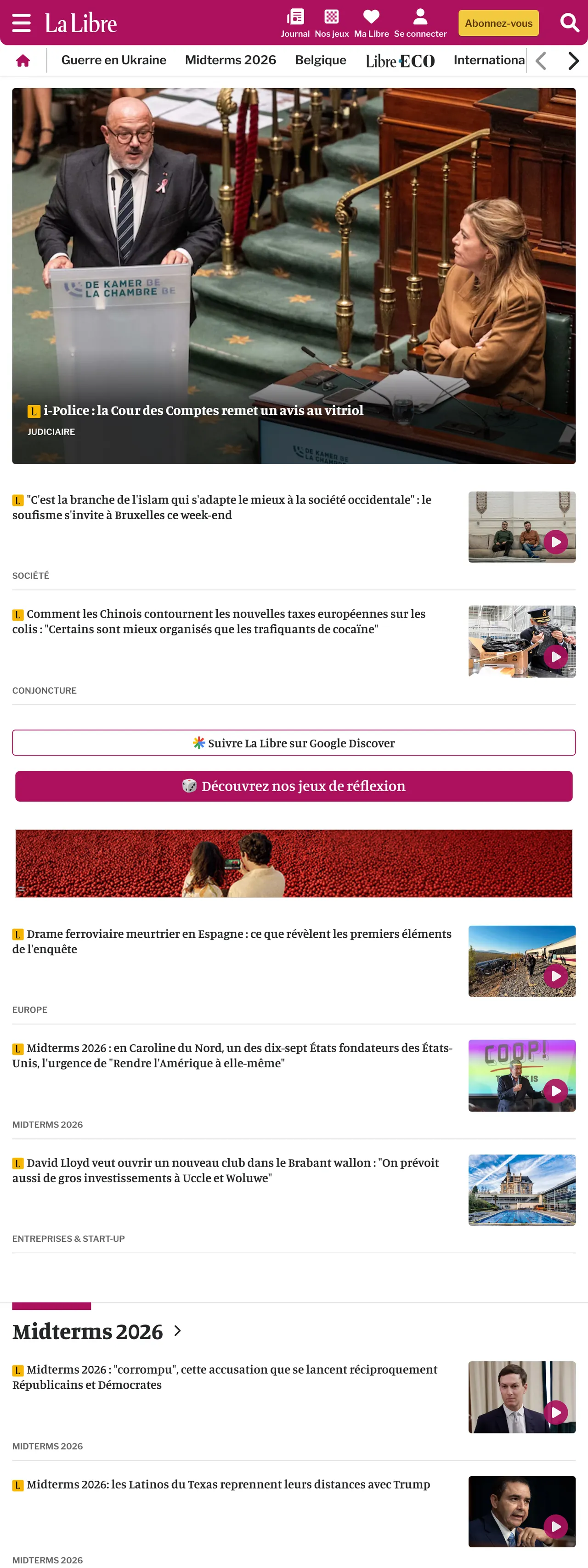 Screenshot of the La Libre front page