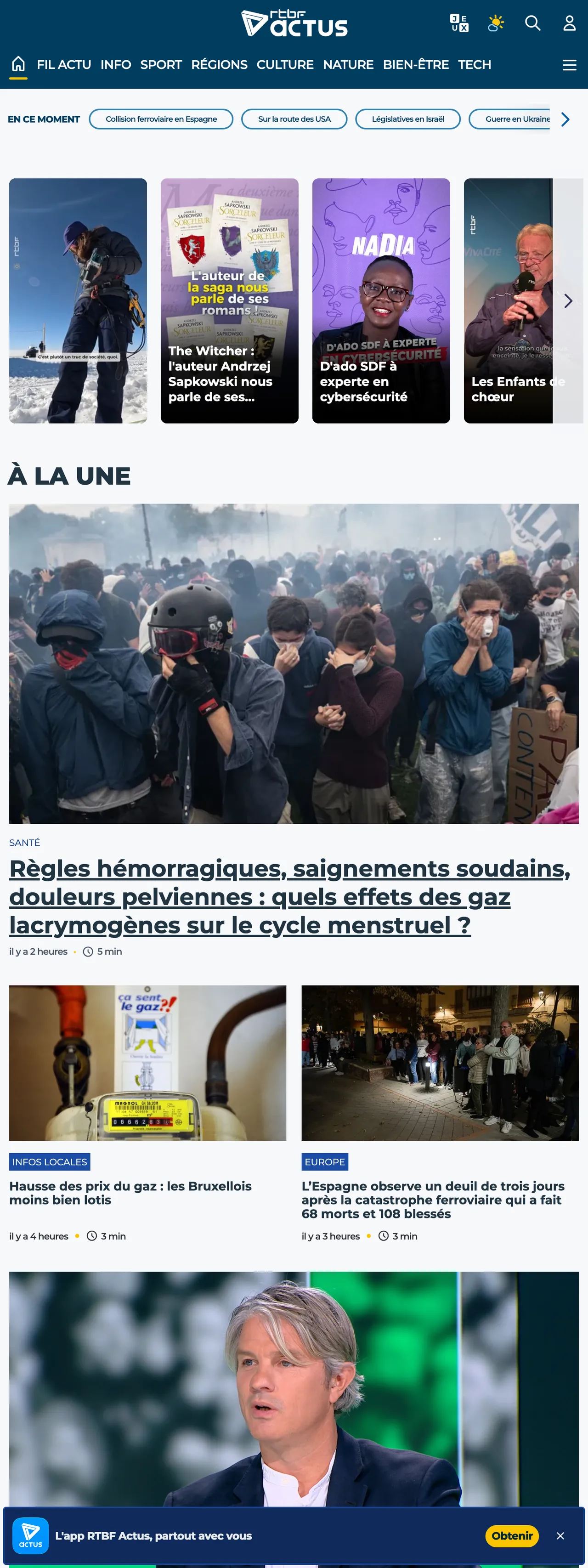 Screenshot of the RTBF front page