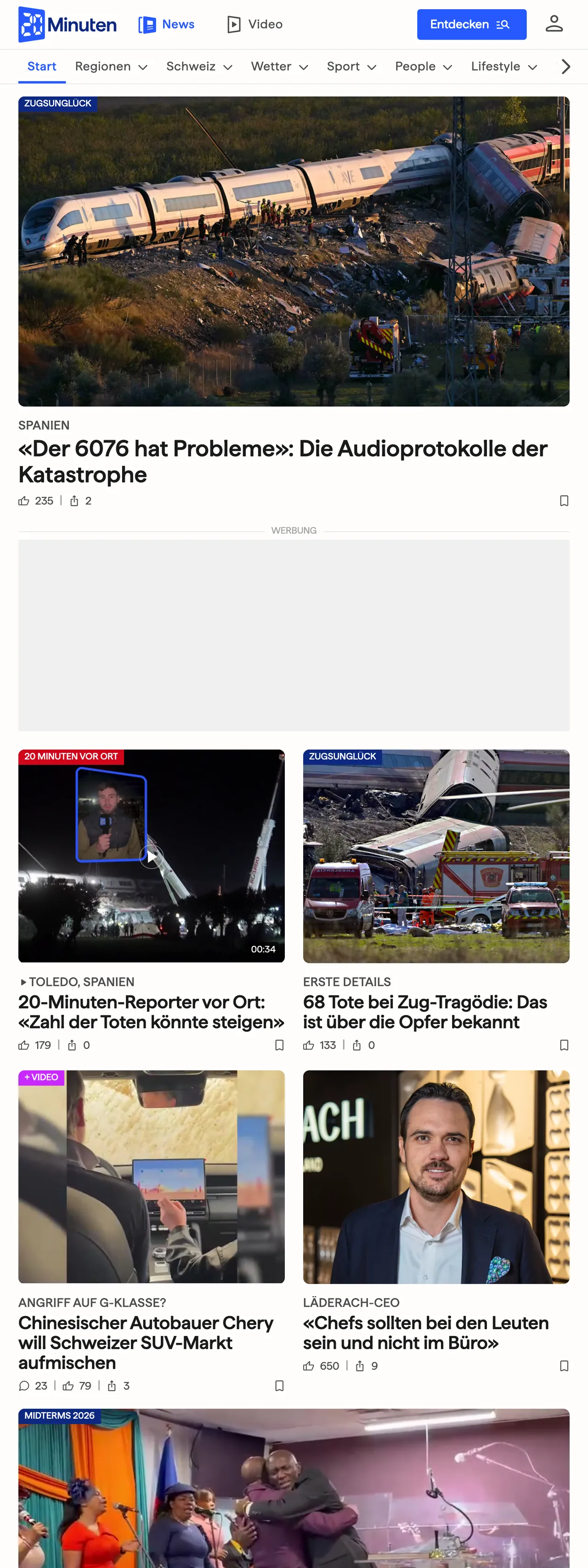 Screenshot of the 20 Minuten front page