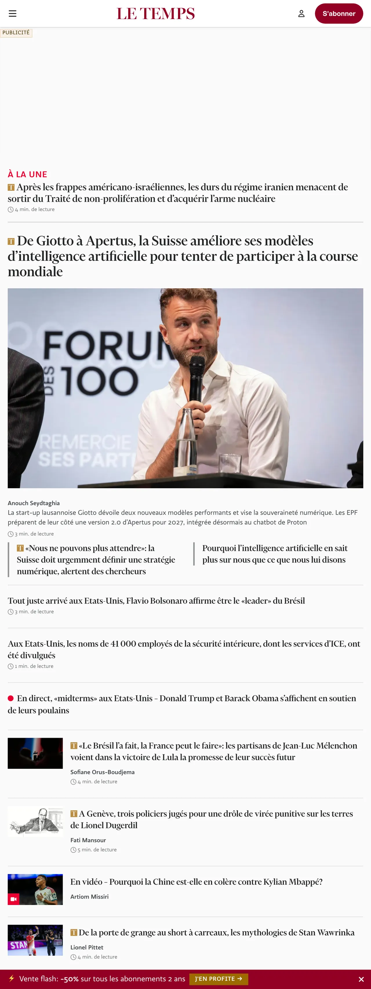 Screenshot of the Le Temps front page