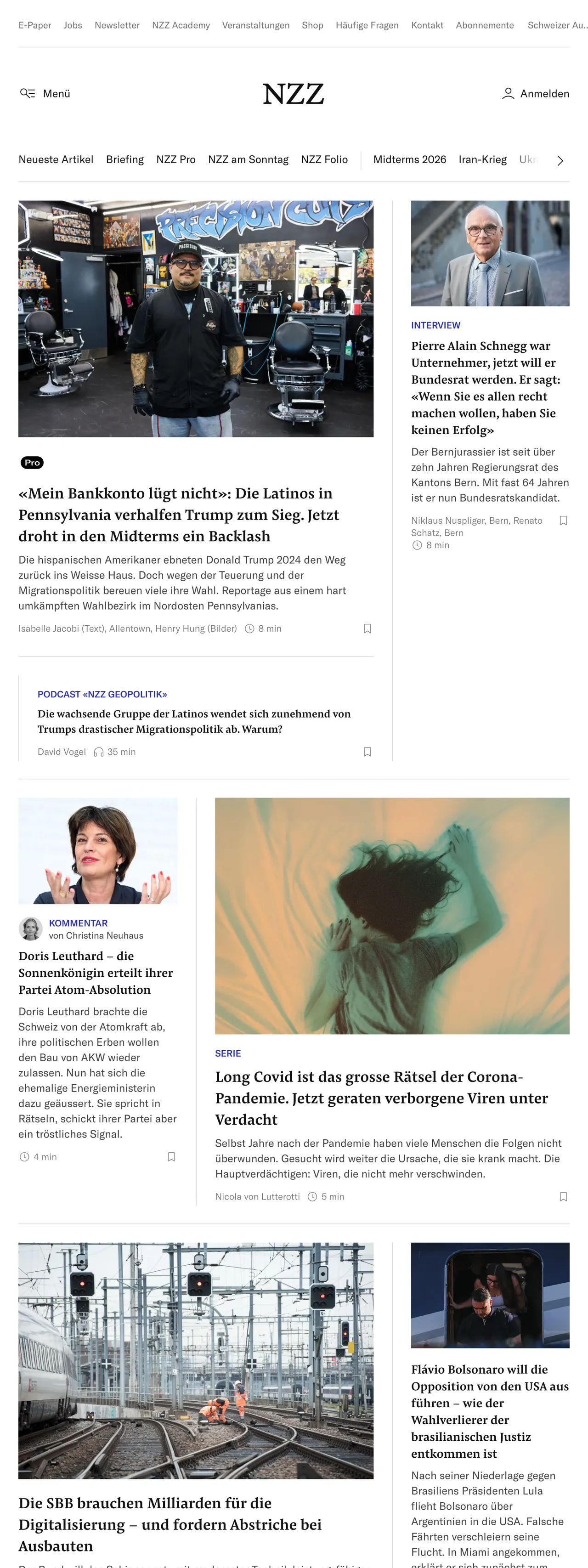 Screenshot of the Neue Zürcher Zeitung front page