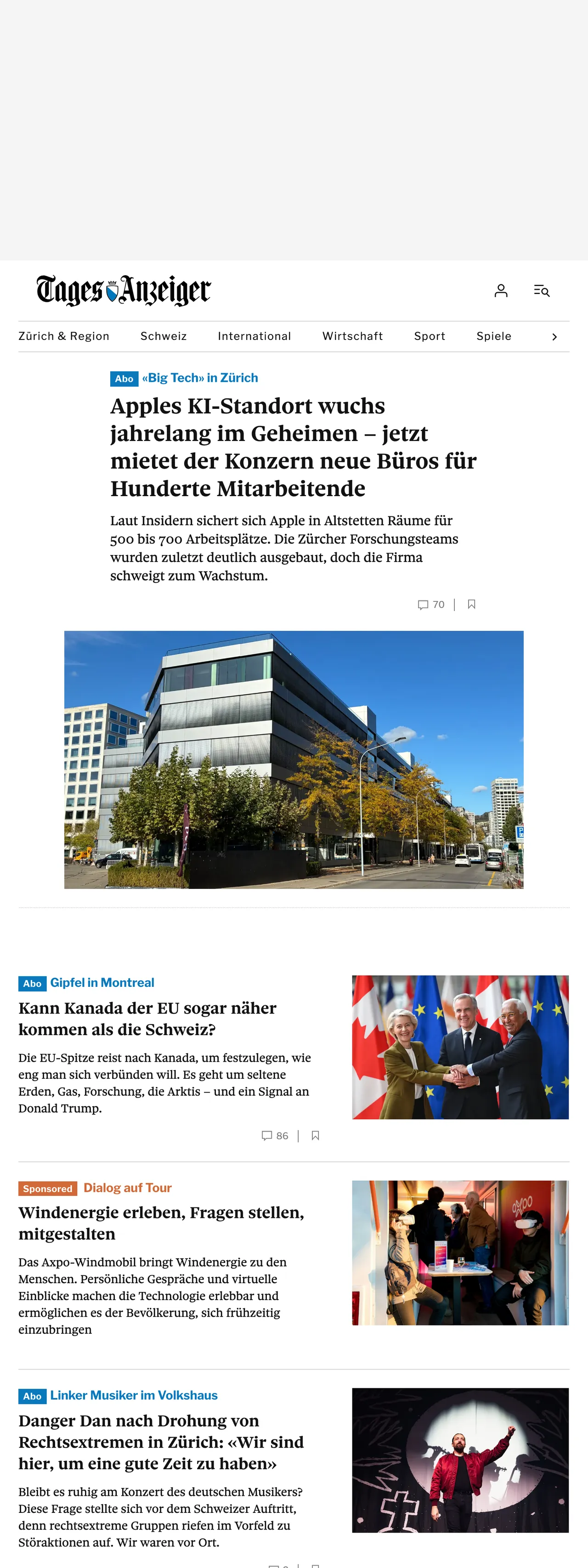 Screenshot of the Tages-Anzeiger front page