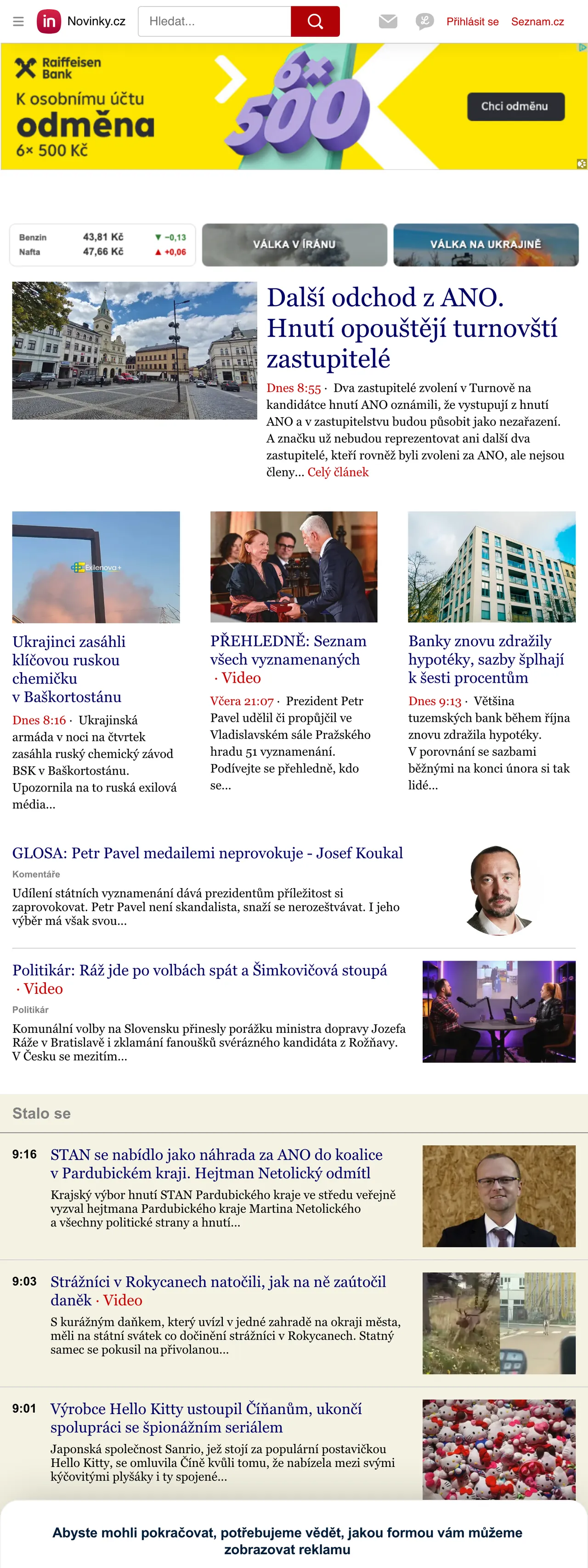 Screenshot of the Novinky.cz front page