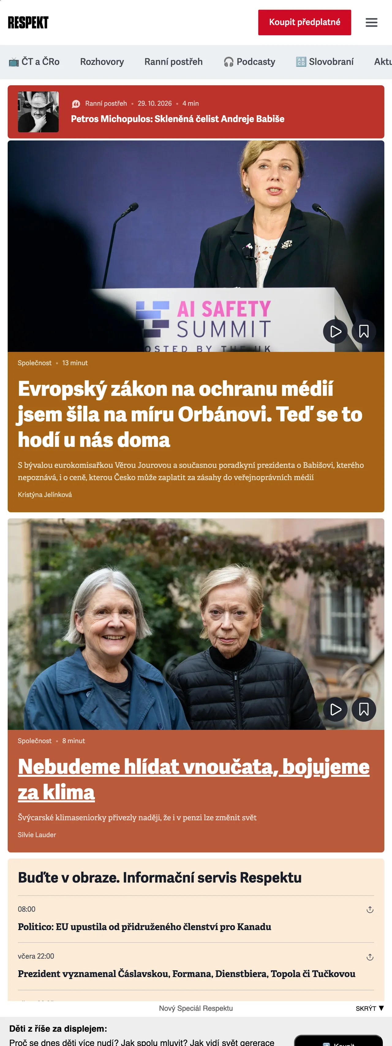 Screenshot of the Respekt front page