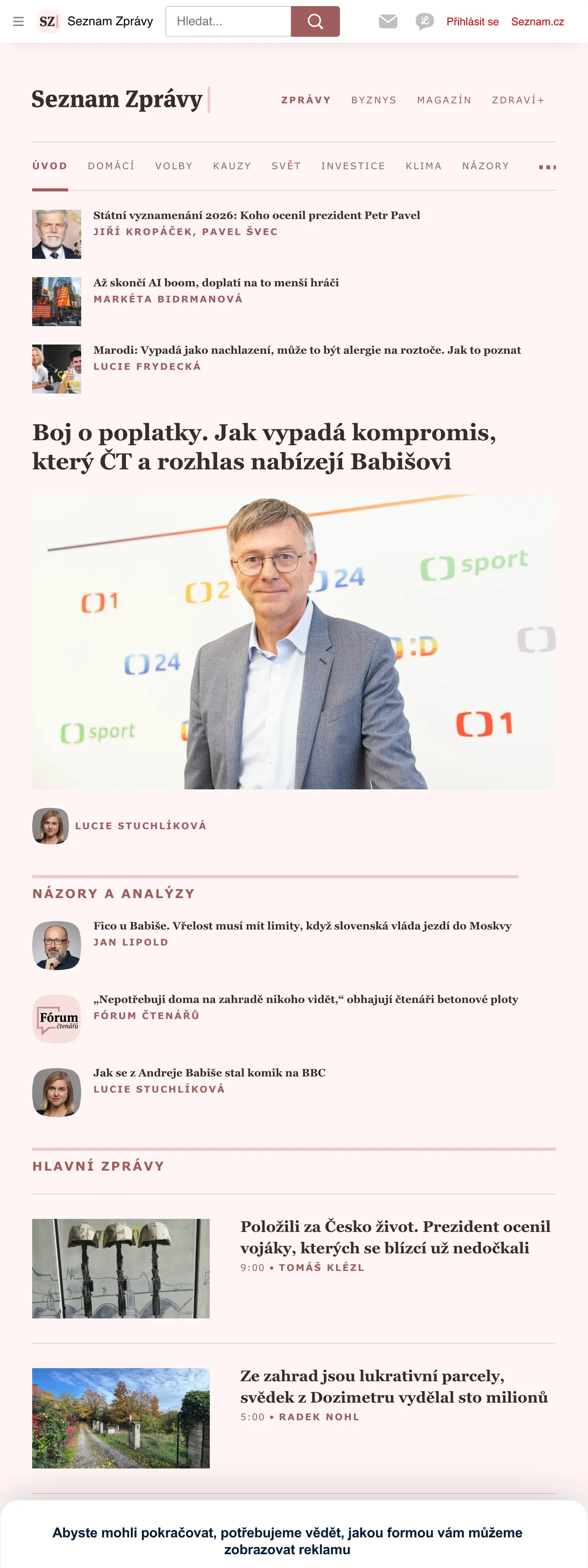 Screenshot of the Seznam Zprávy front page