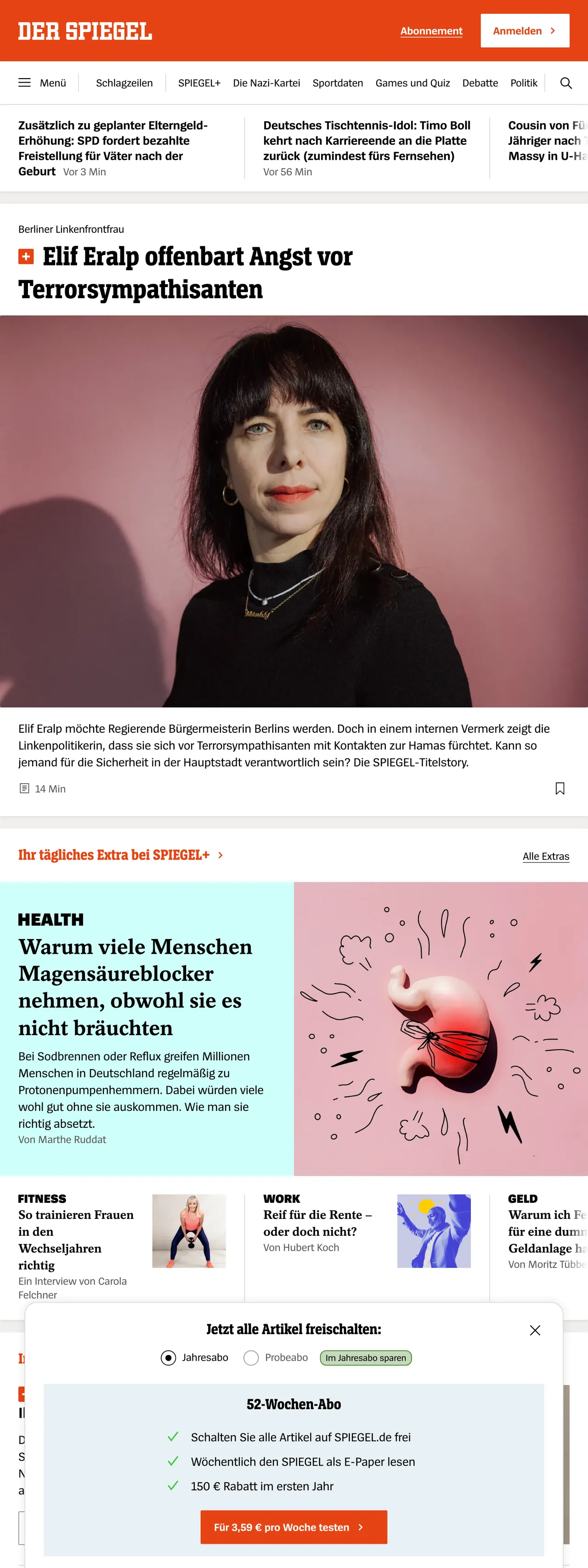 Screenshot of the DER SPIEGEL front page
