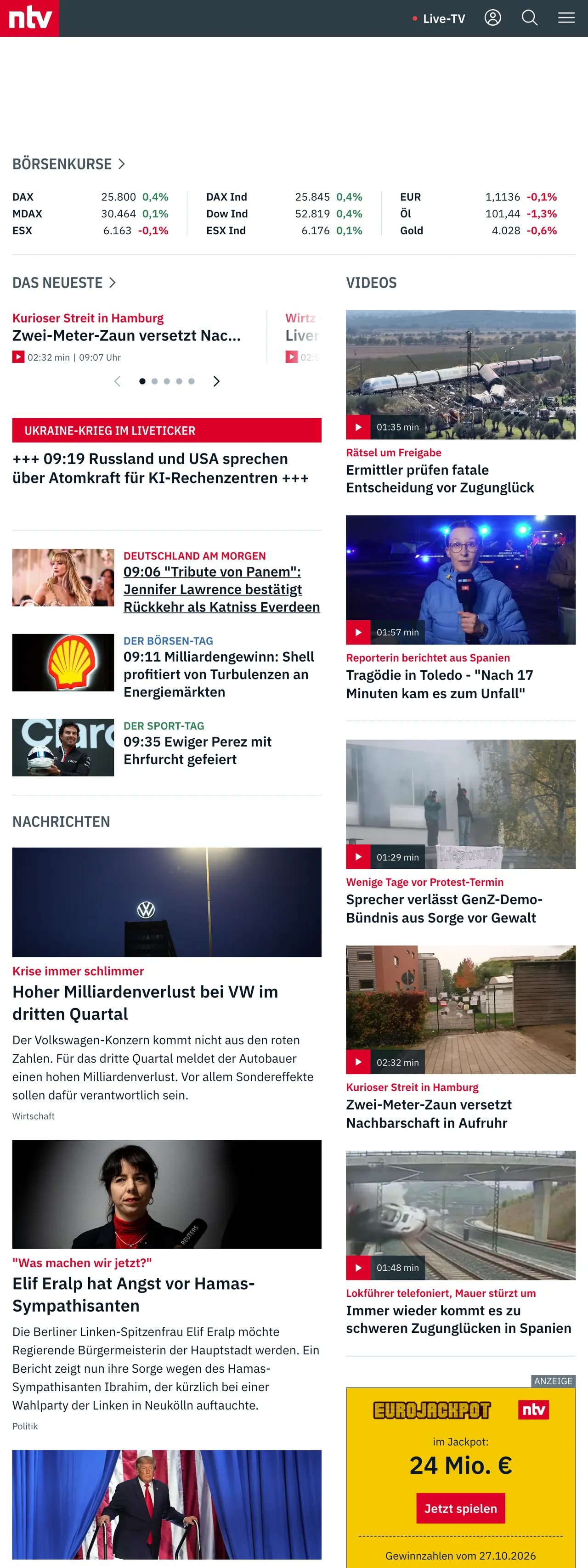 Screenshot of the n-tv front page