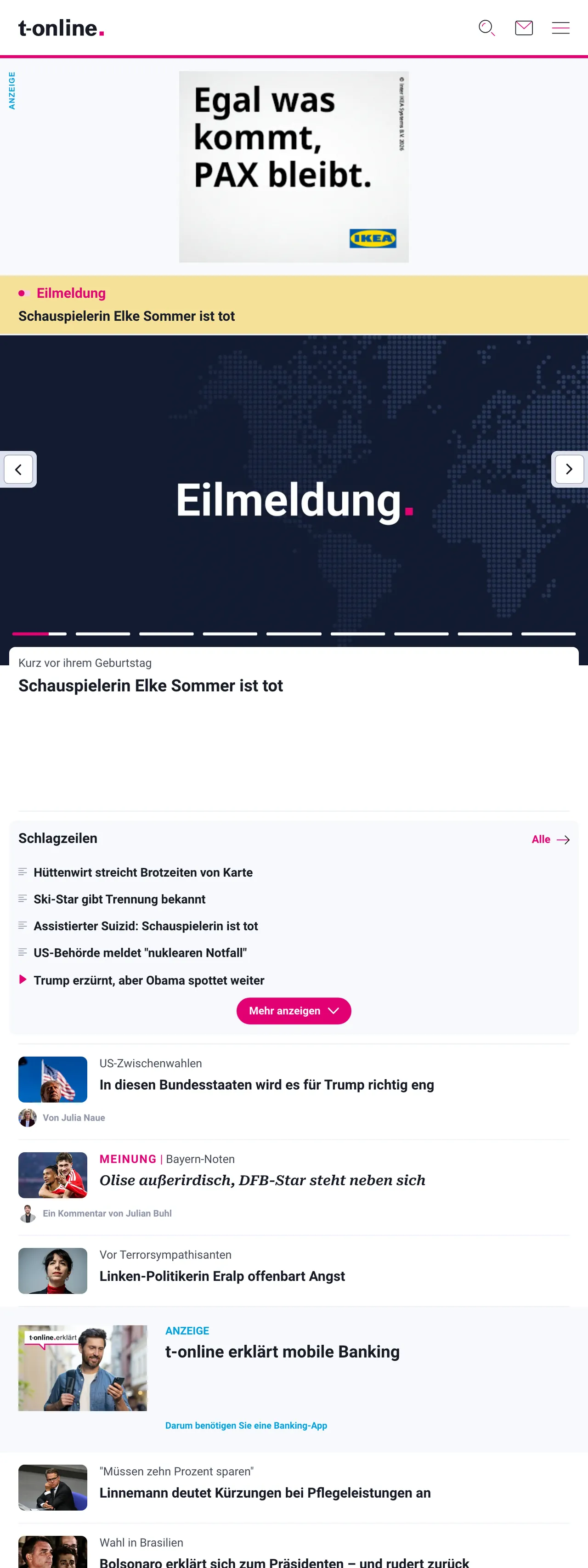 Screenshot of the t-online front page