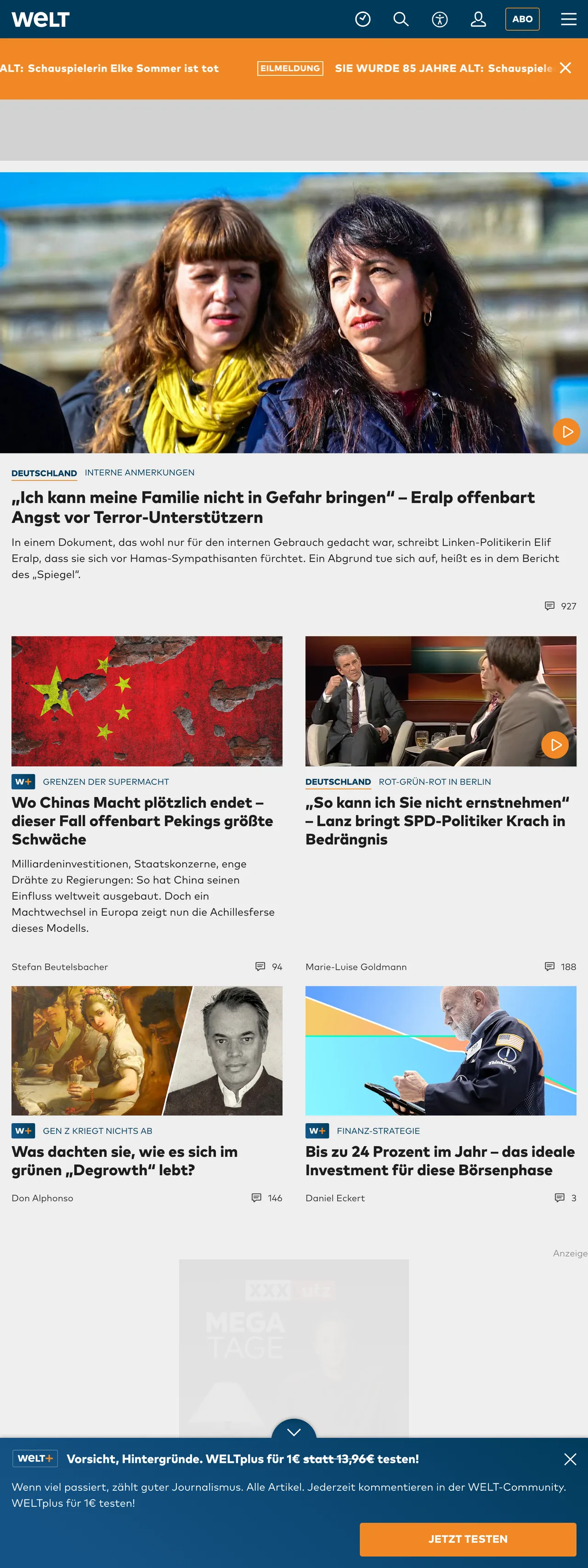 Screenshot of the WELT front page