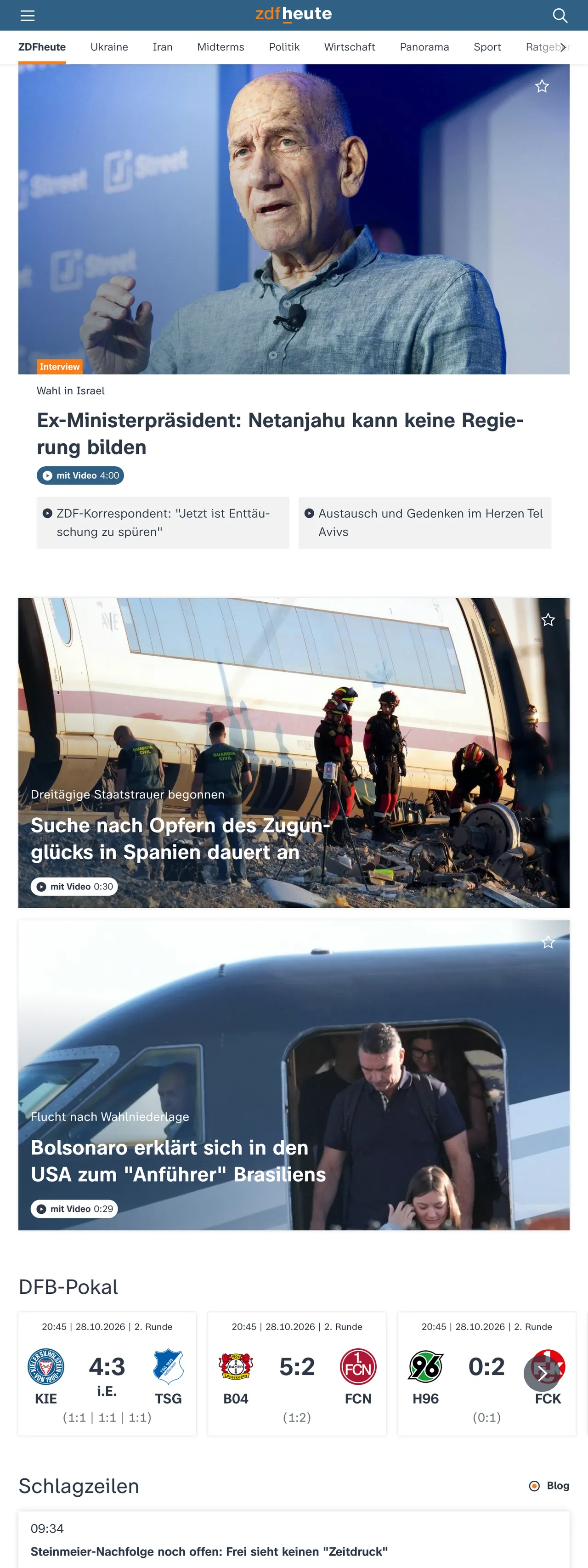 Screenshot of the ZDFheute front page
