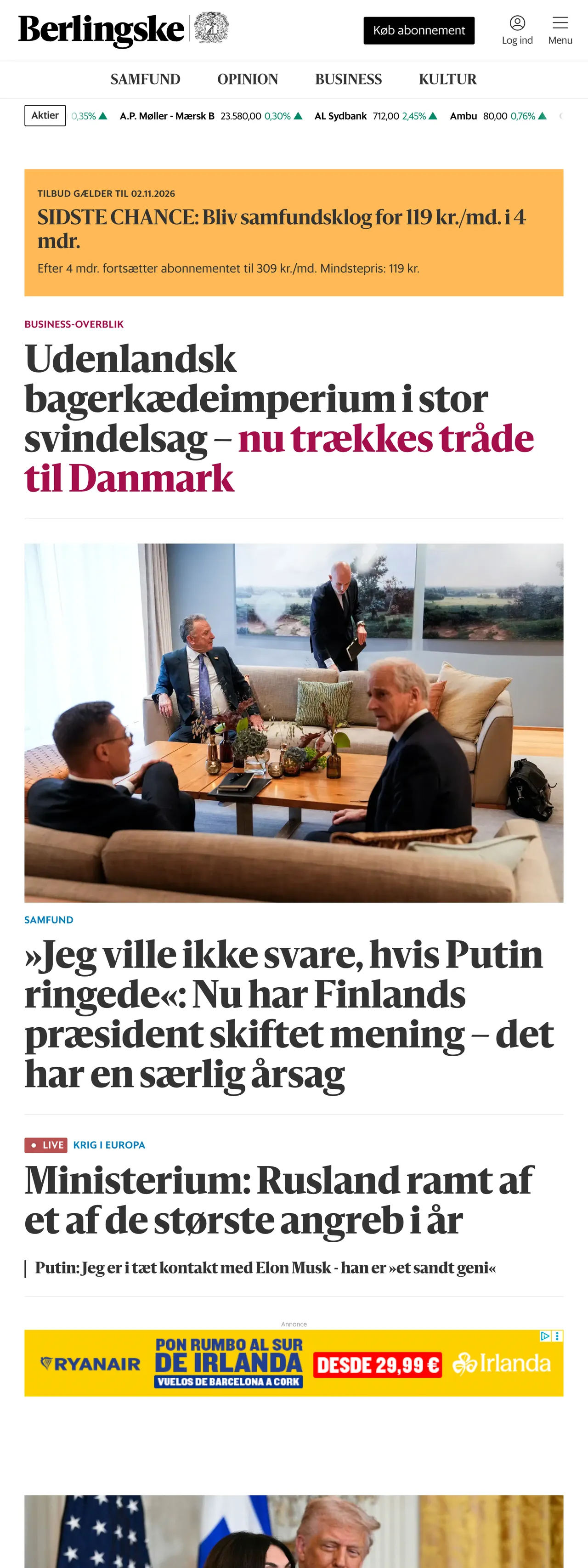 Screenshot of the Berlingske front page