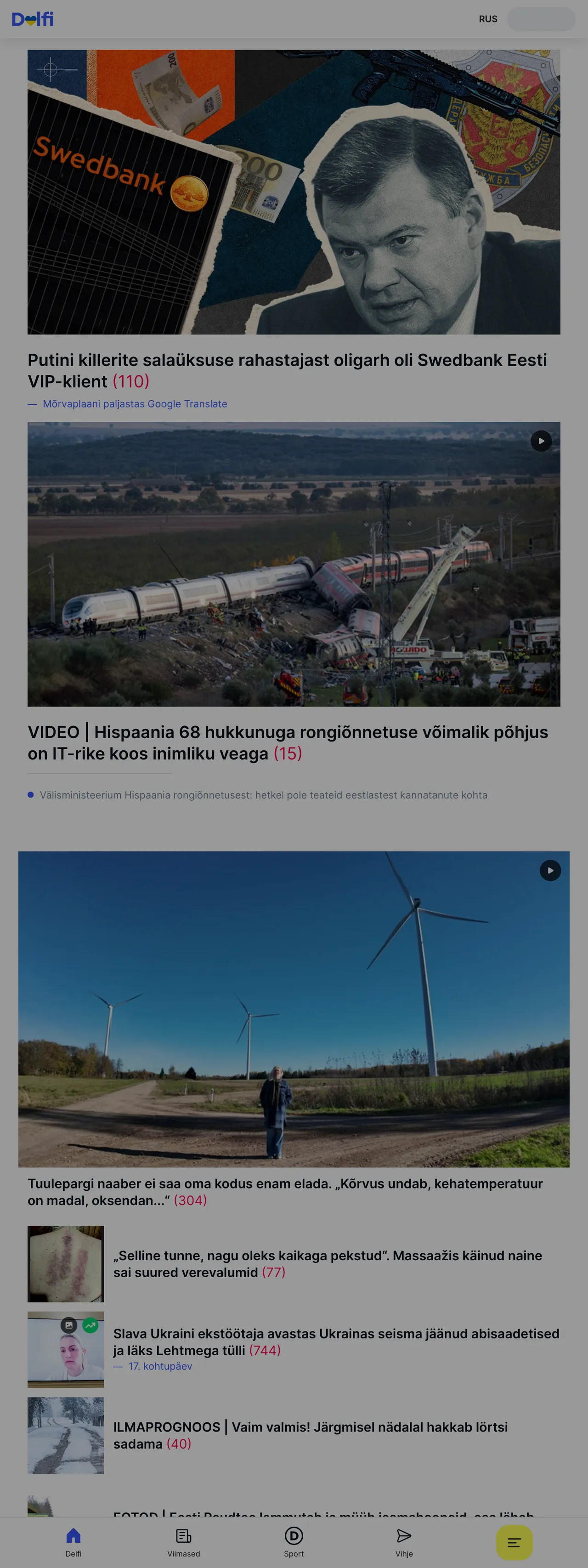 Screenshot of the Delfi front page