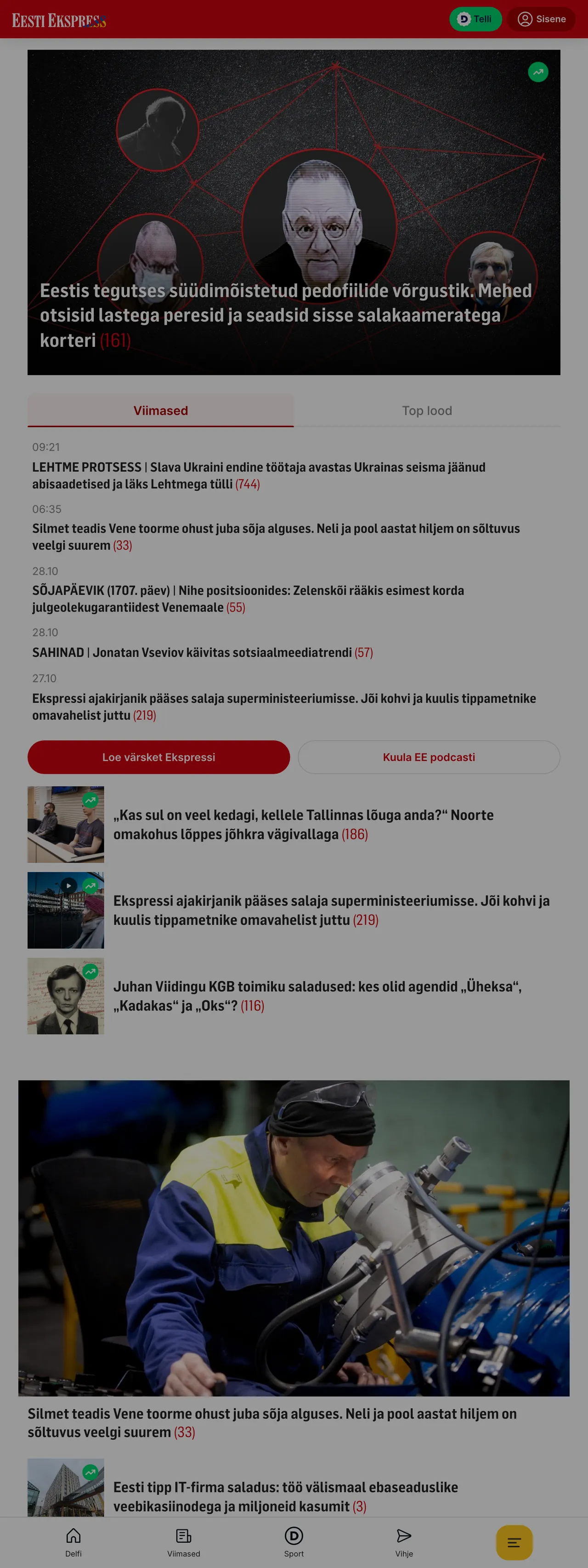 Screenshot of the Eesti Ekspress front page