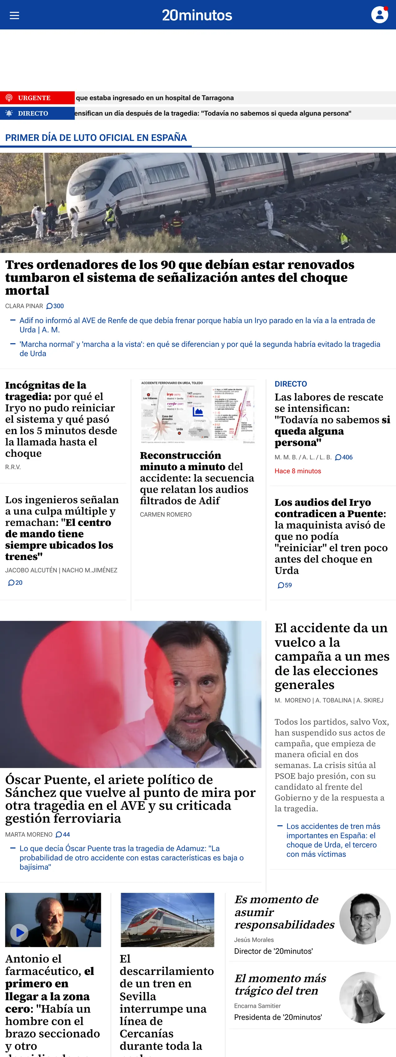 Screenshot of the 20minutos front page