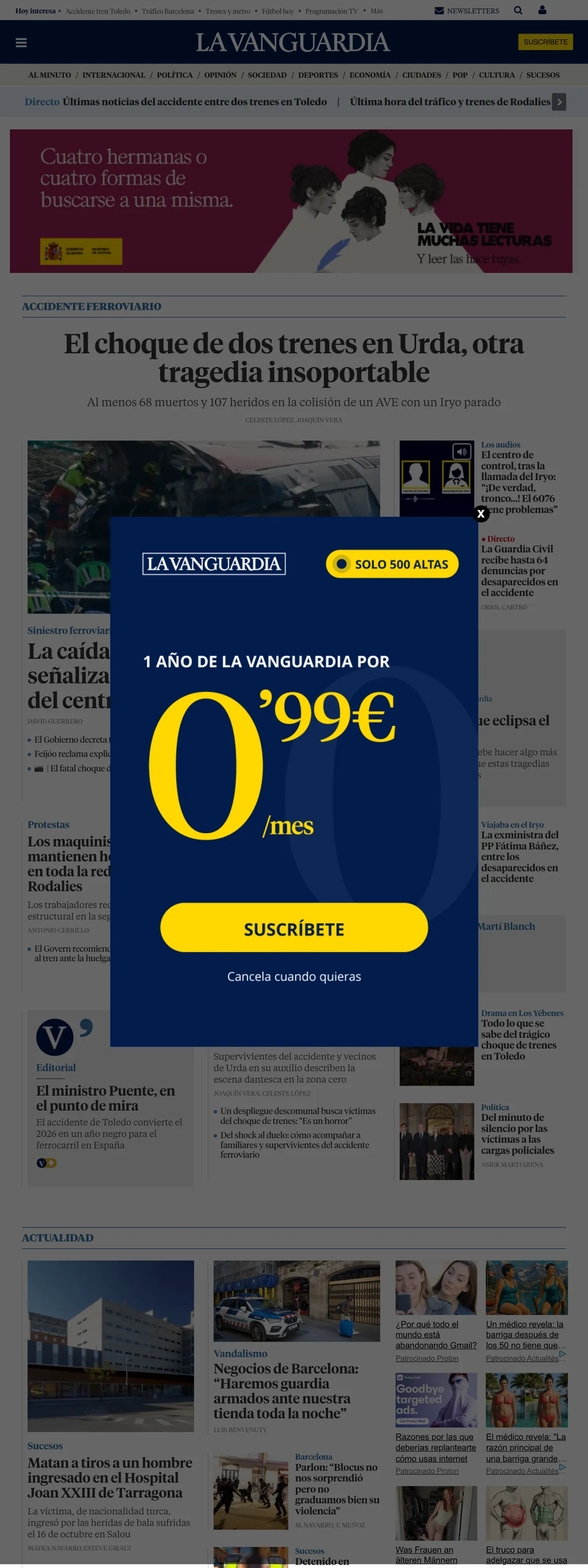 Screenshot of the La Vanguardia front page