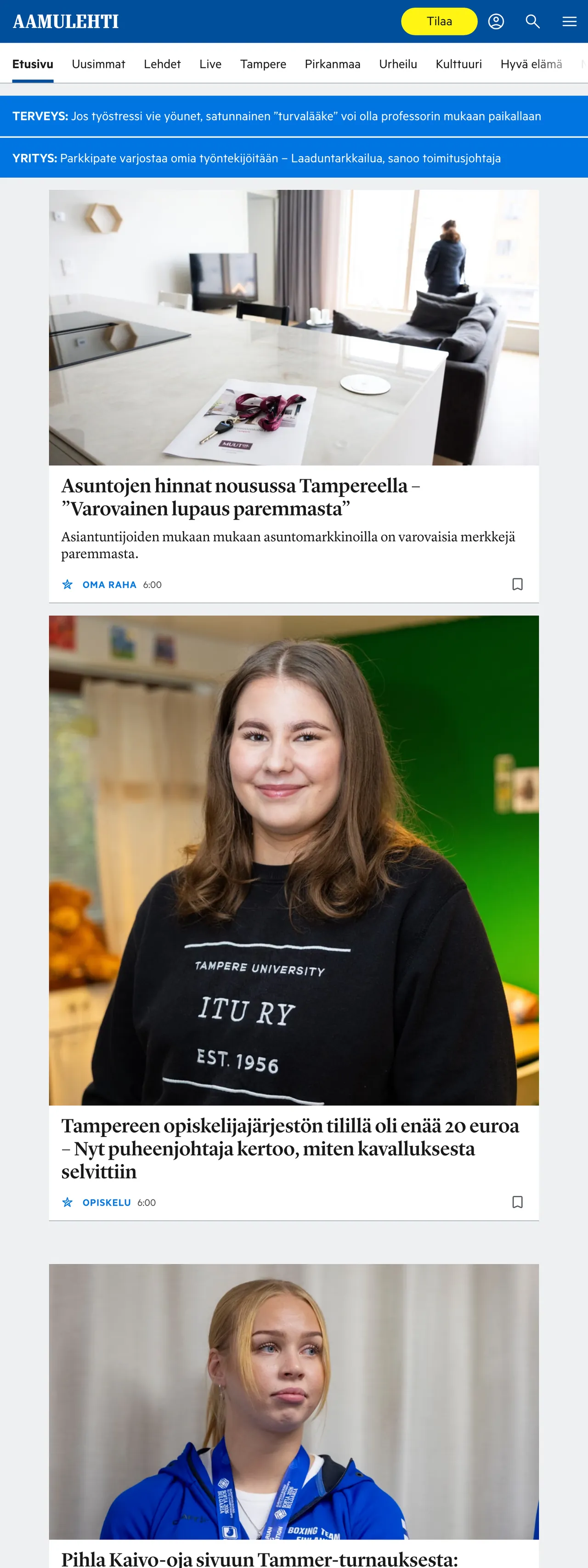 Screenshot of the Aamulehti front page