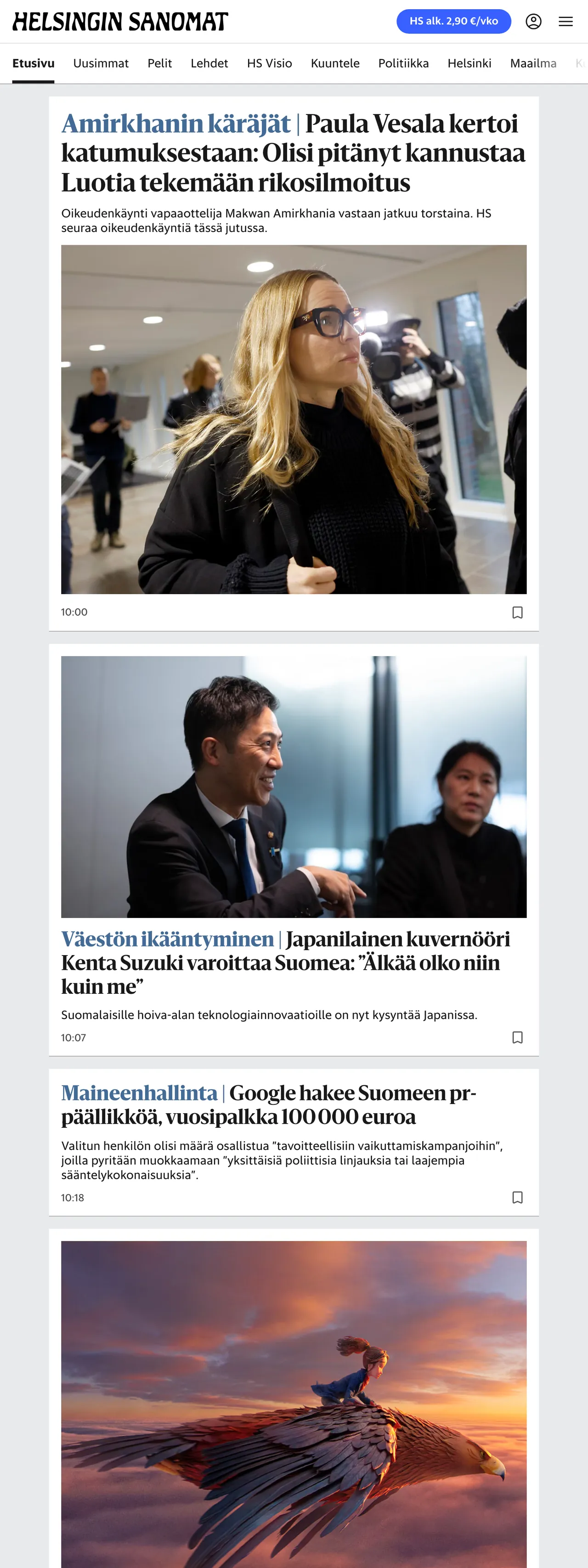 Screenshot of the Helsingin Sanomat front page