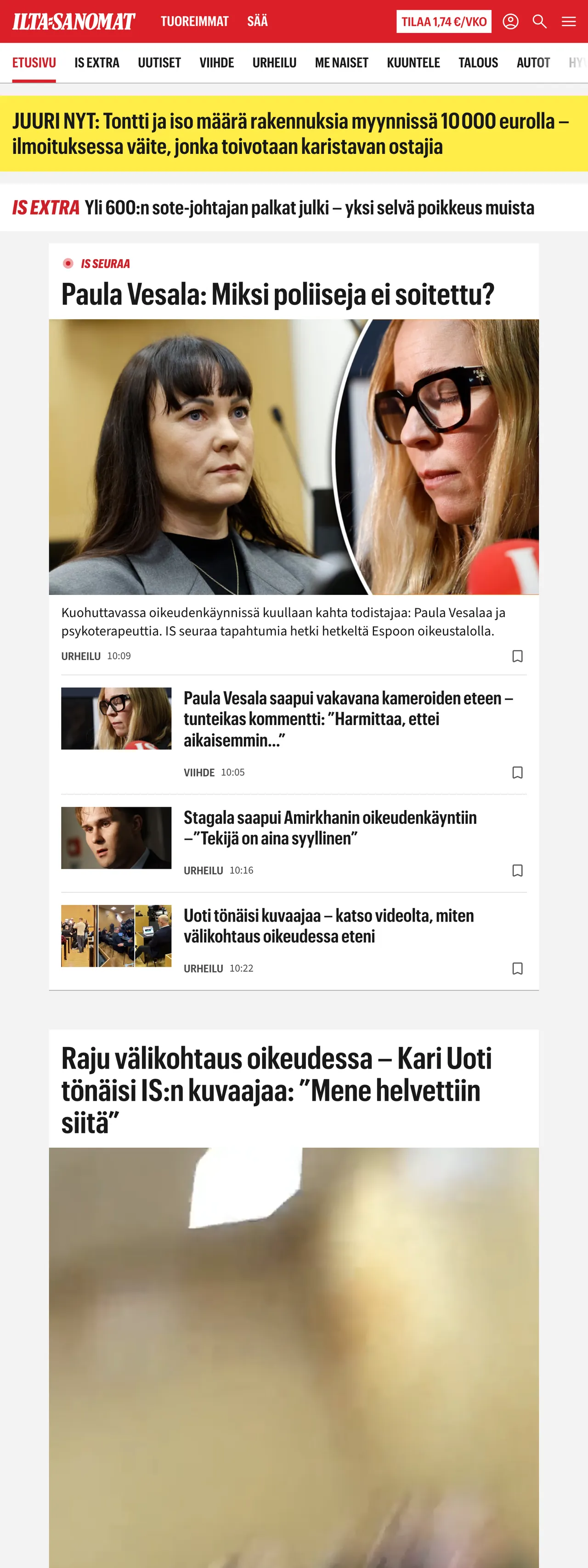 Screenshot of the Ilta-Sanomat front page