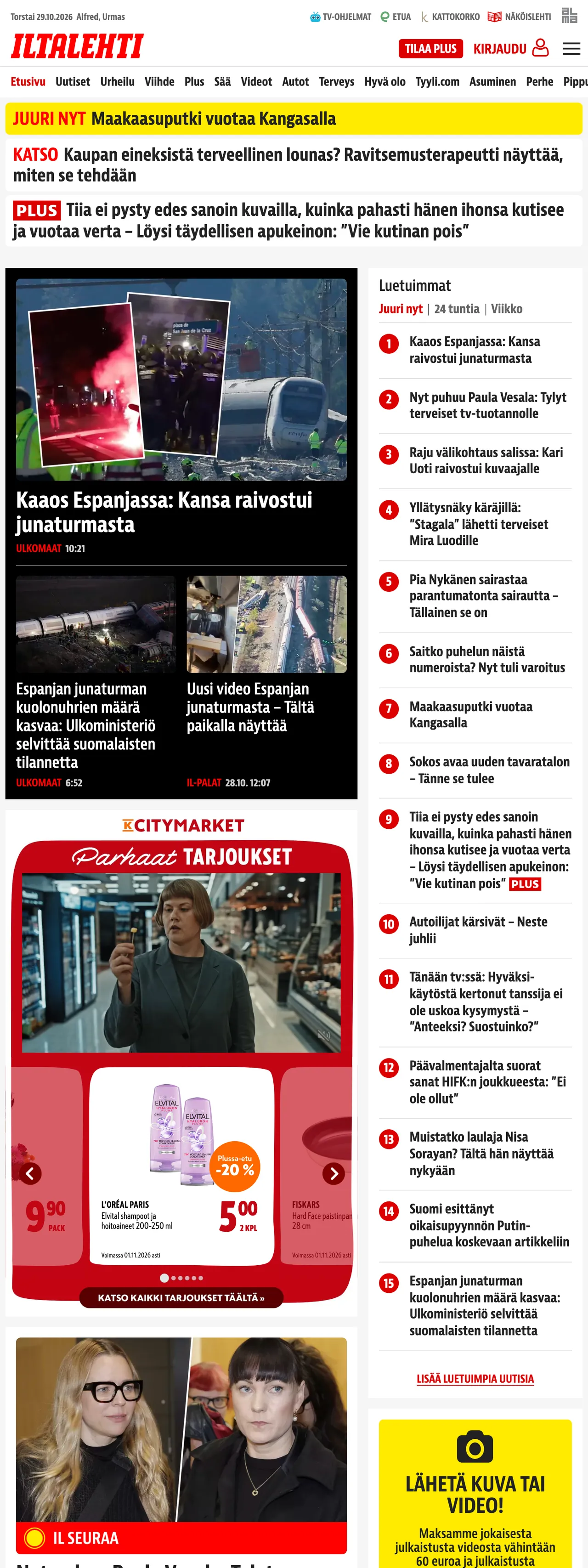 Screenshot of the Iltalehti front page