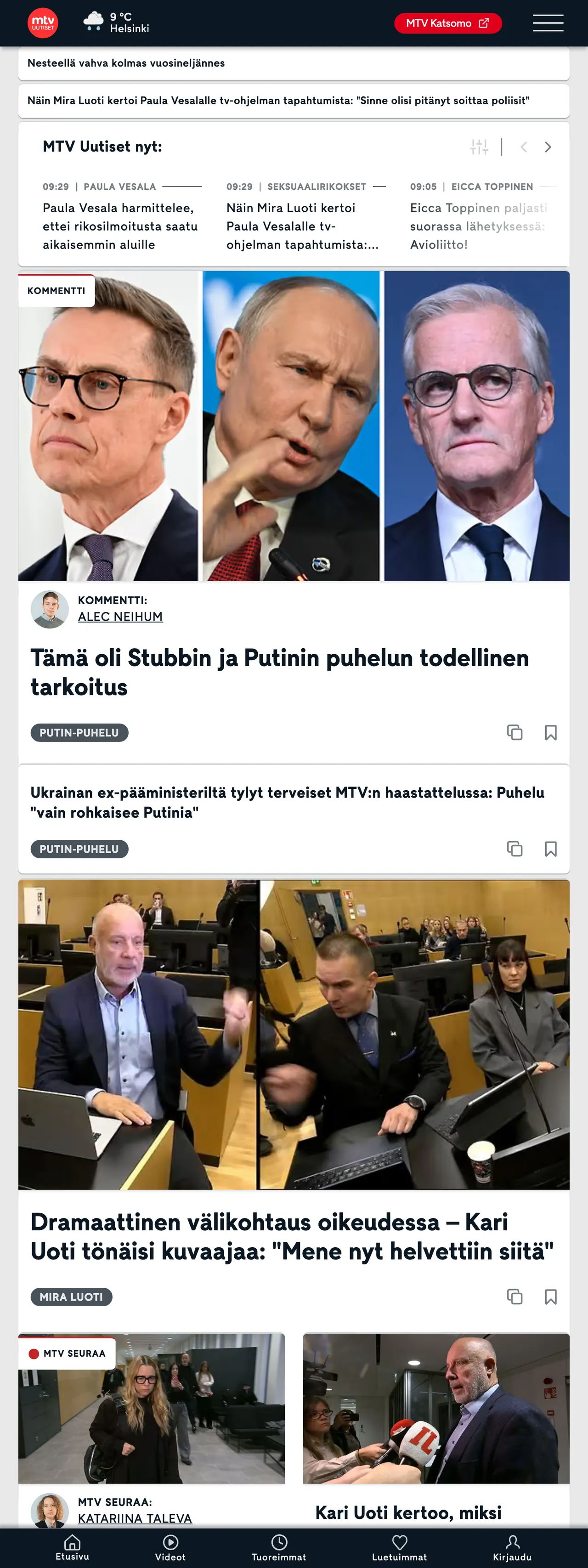 Screenshot of the MTV Uutiset front page