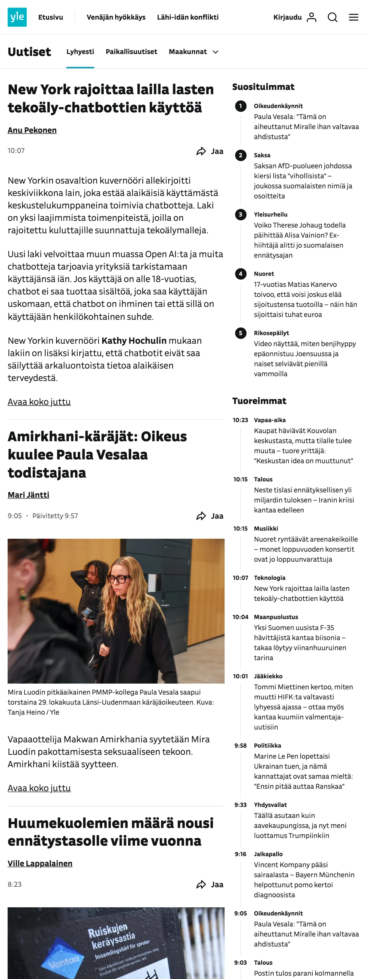 Screenshot of the Yle front page