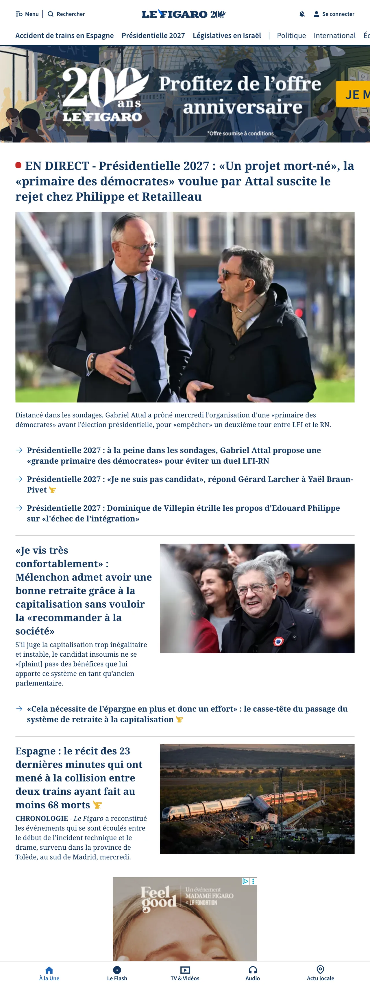 Screenshot of the Le Figaro front page