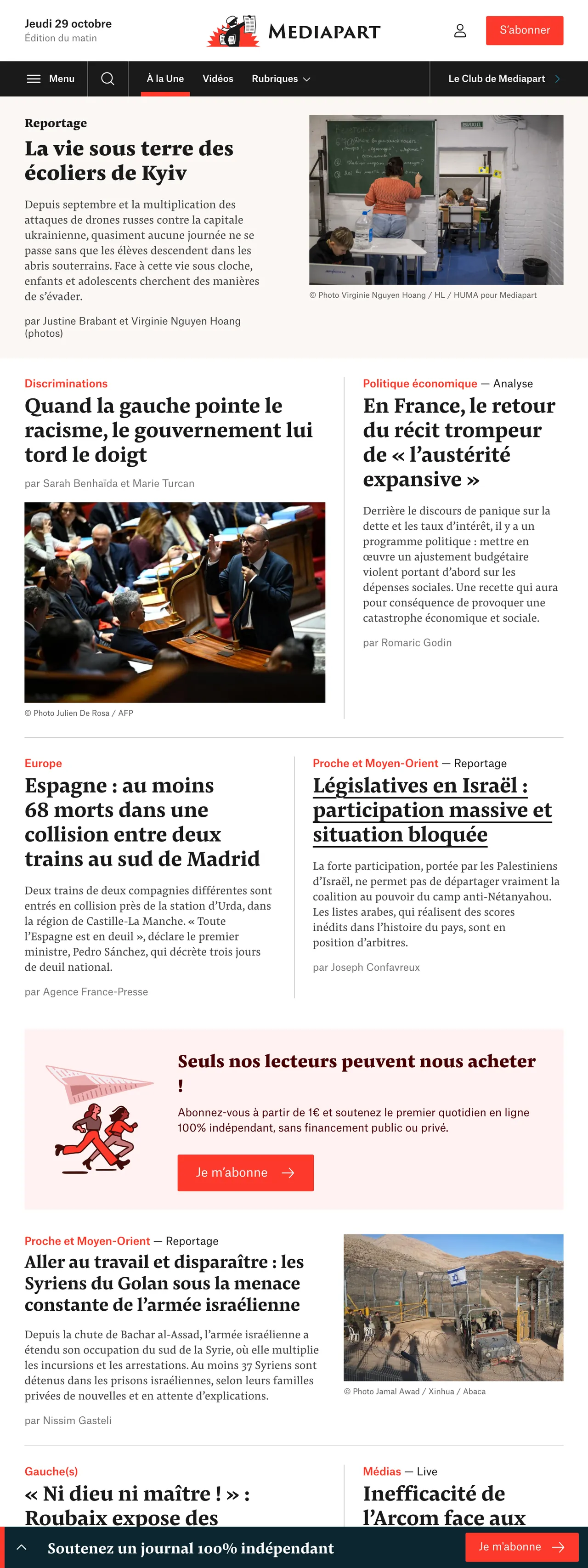 Screenshot of the Mediapart front page