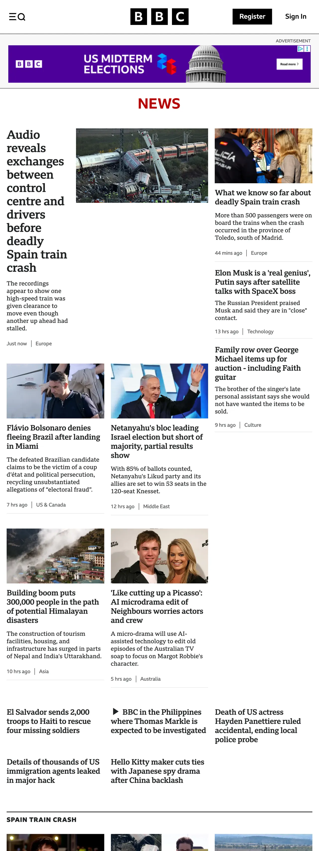 Screenshot of the BBC News front page