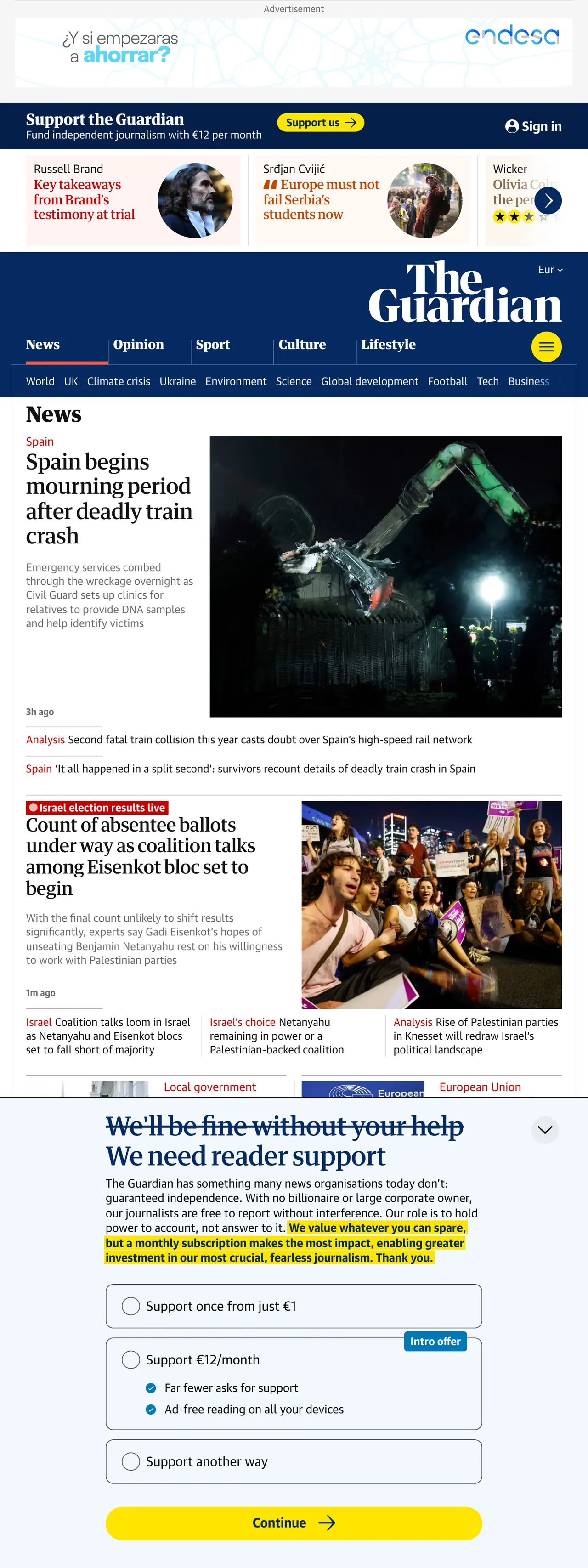 Screenshot of the The Guardian front page