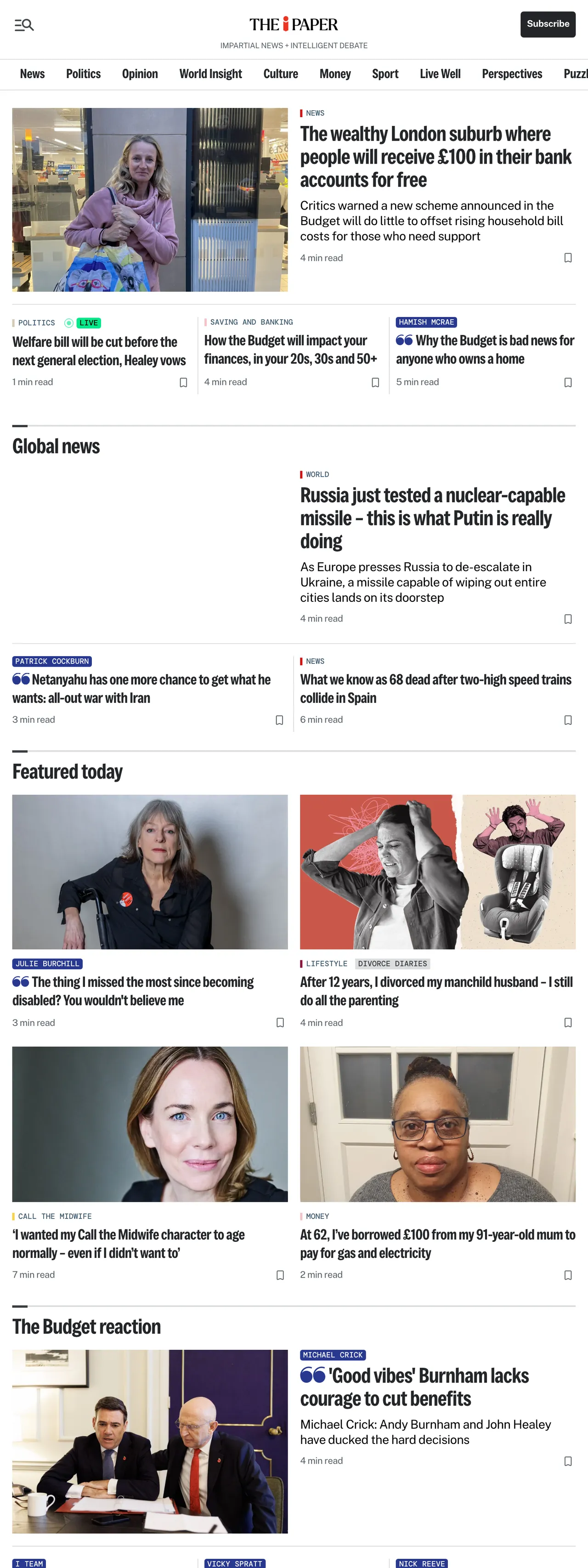 Screenshot of the The i Paper front page