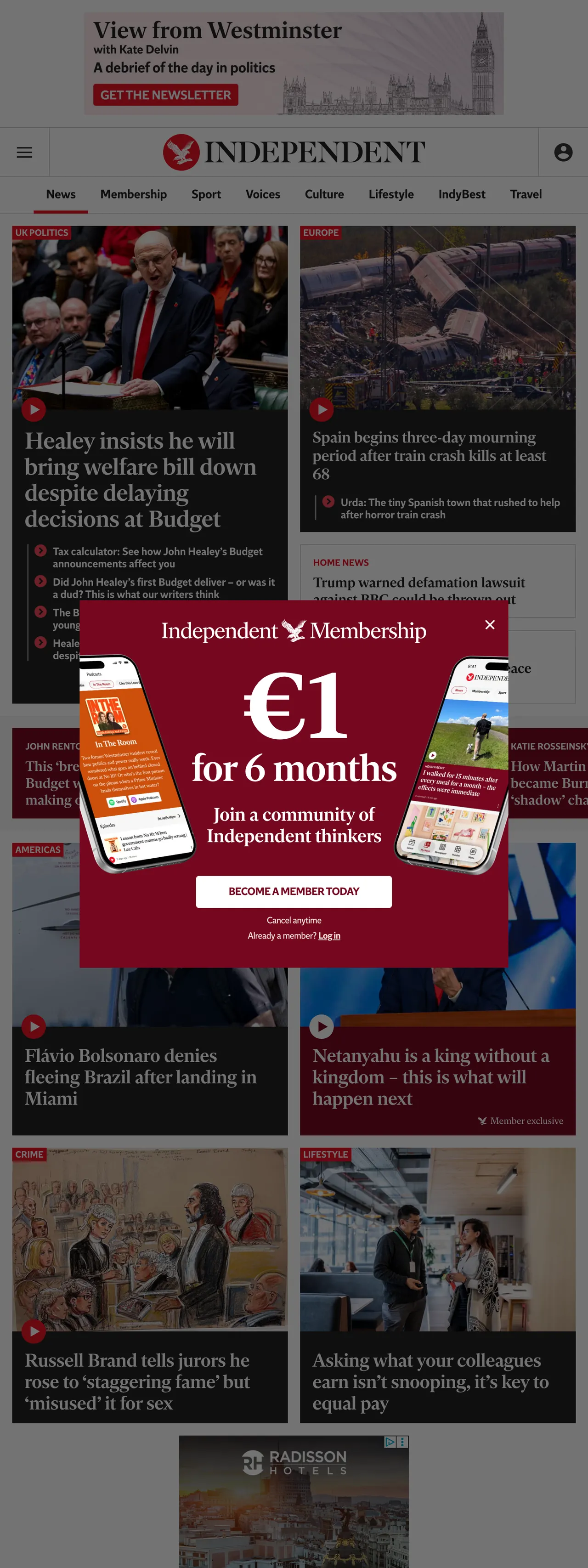 Screenshot of the The Independent front page
